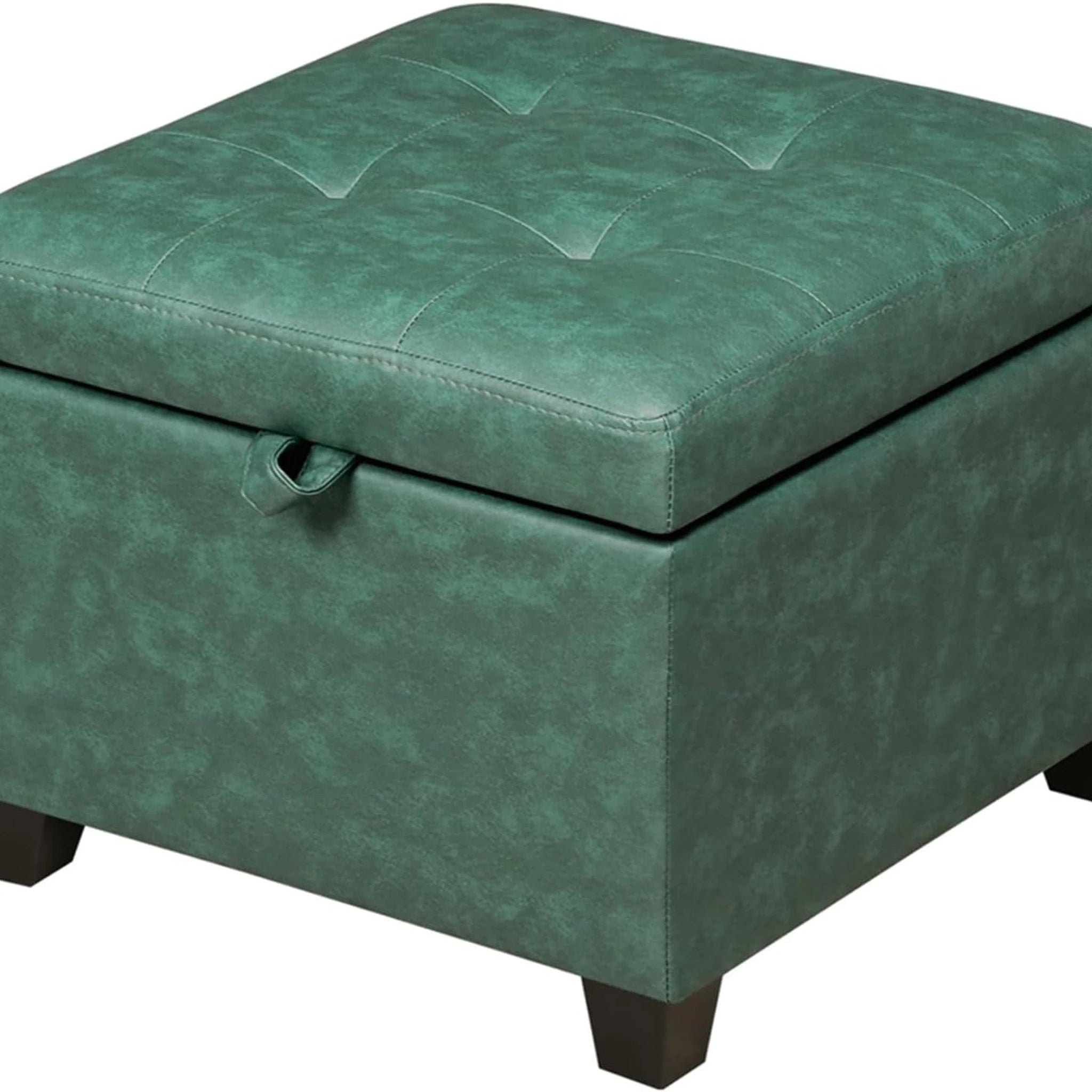 Adeco Dark Green With Black Wood Legs Tufted Faux Leather Square Storage Ottoman – styled home scene