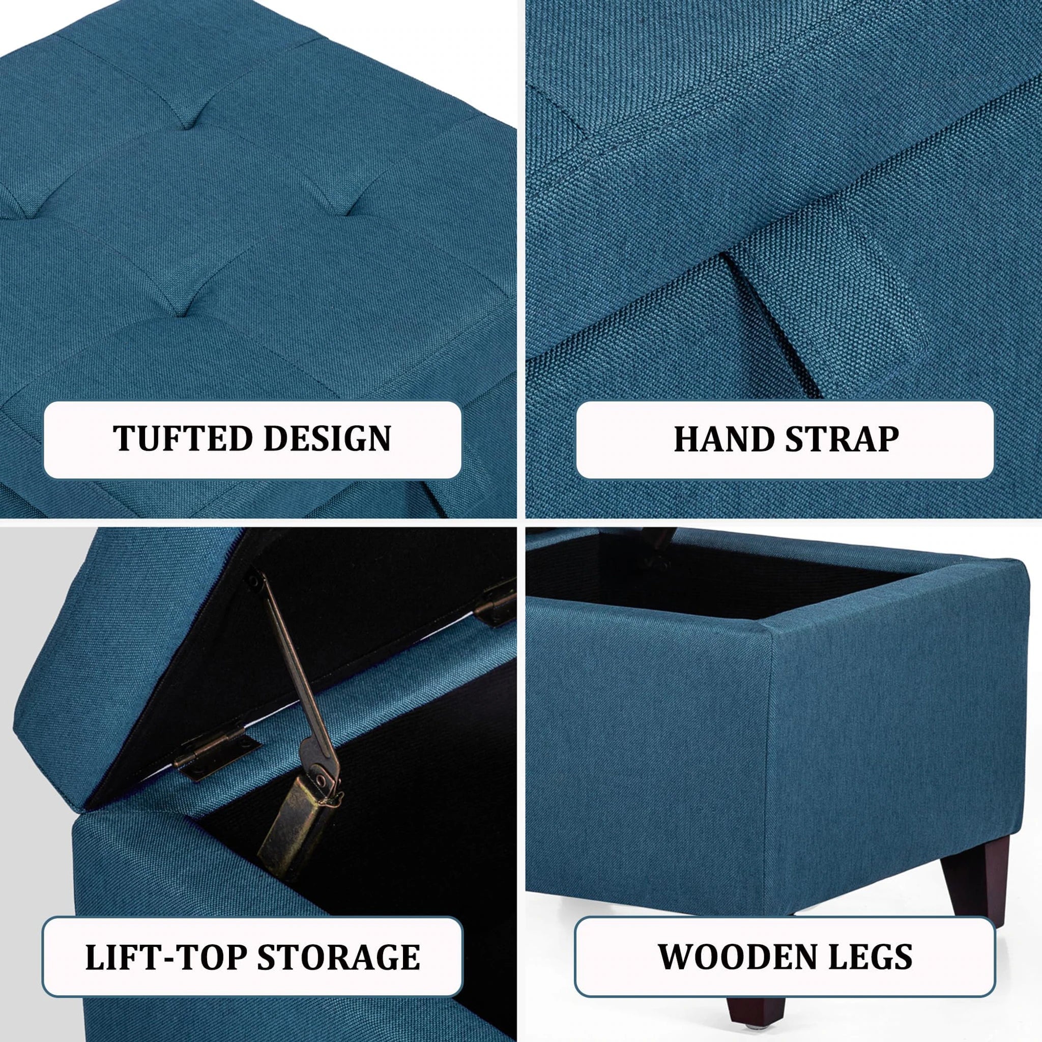 Adeco Deep Blue Fabric Storage Ottoman – detail and materials view
