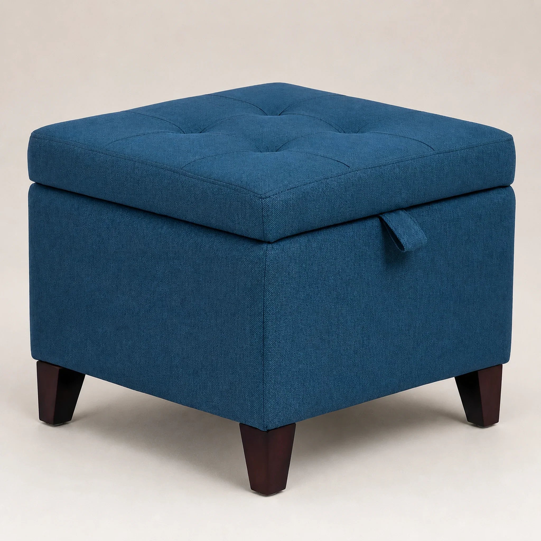 Adeco Deep Blue storage ottoman – warm studio front view