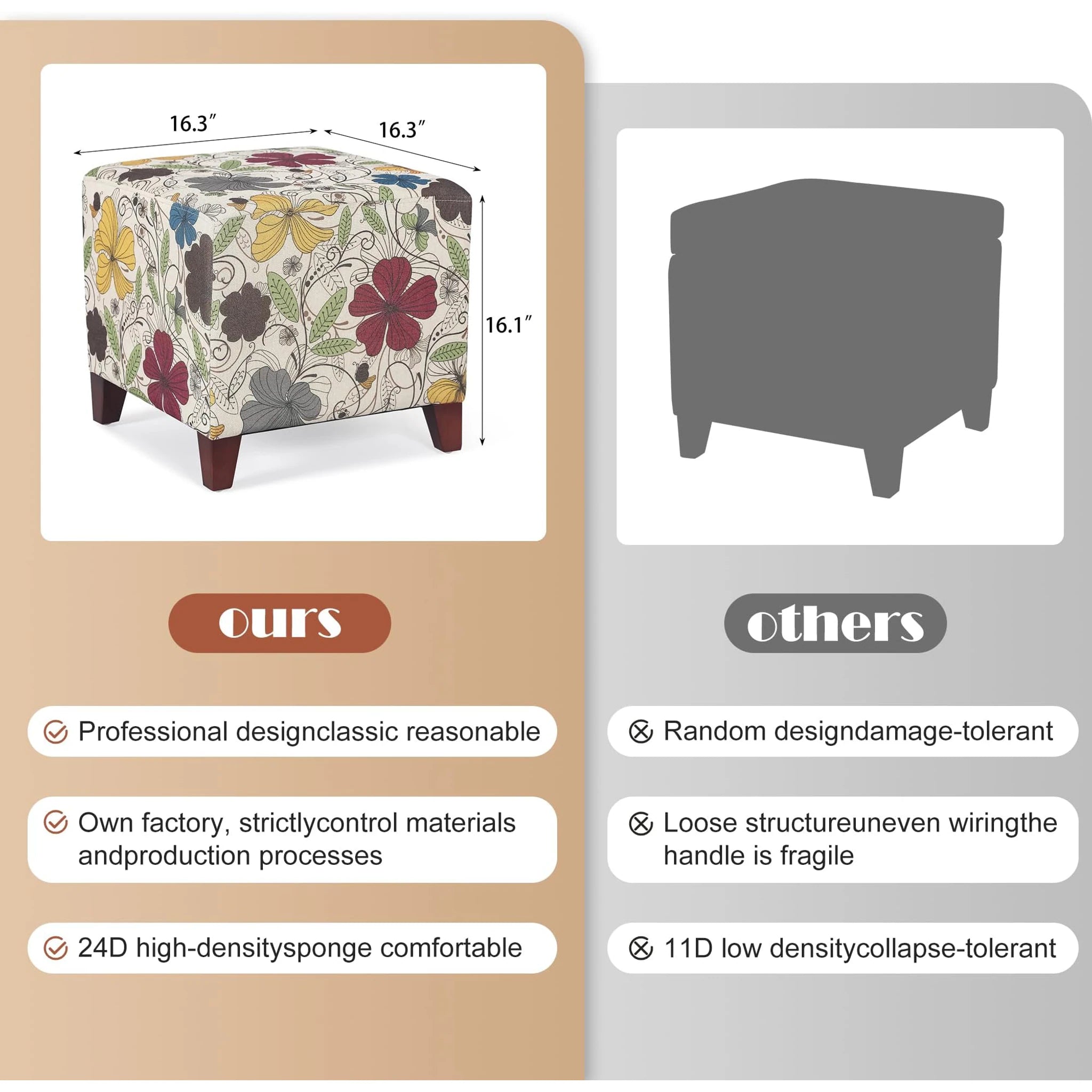 Adeco Floral Printed Linen Square Vanity Stool – dimensions chart