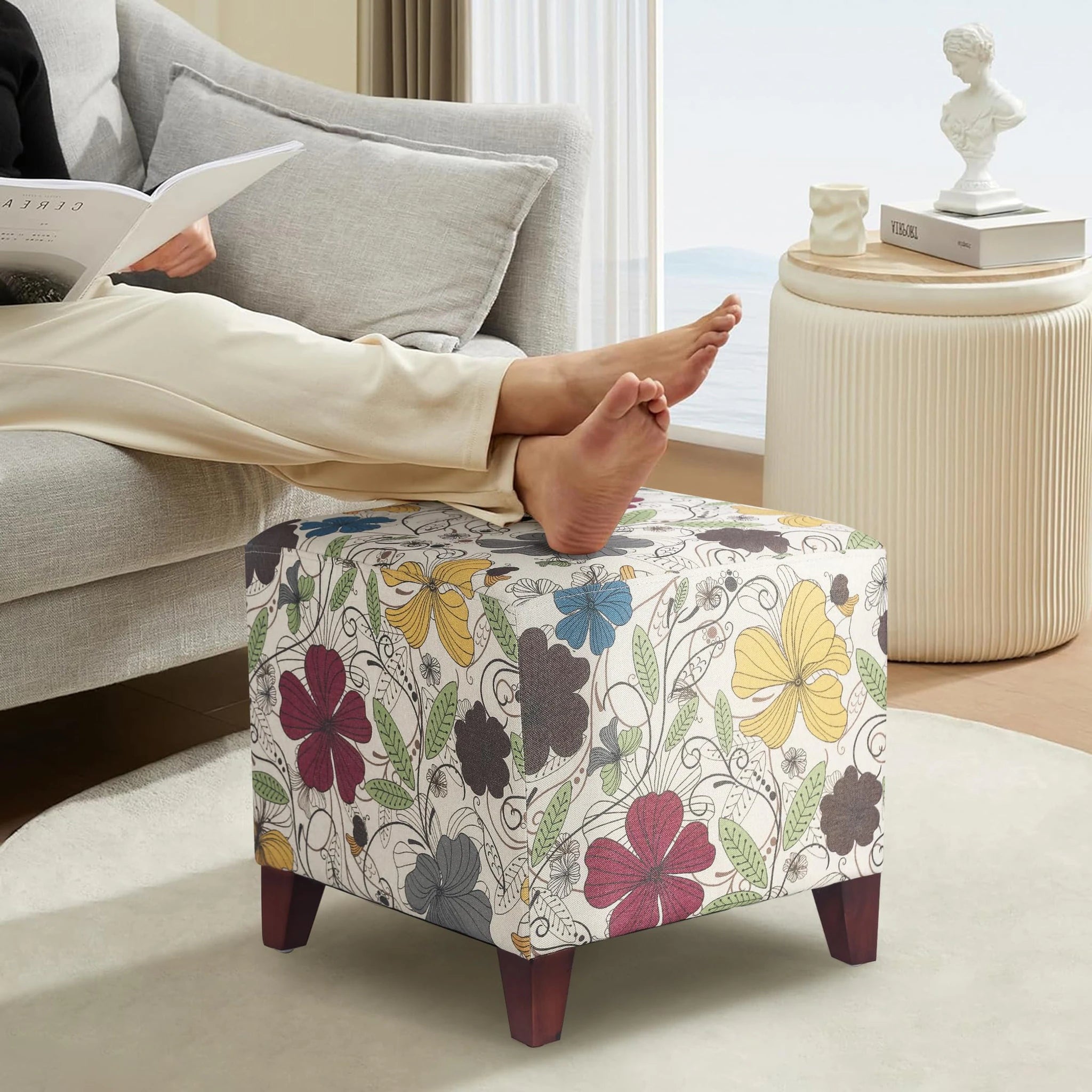 Adeco Floral Printed Linen Square Vanity Stool – detail and materials view