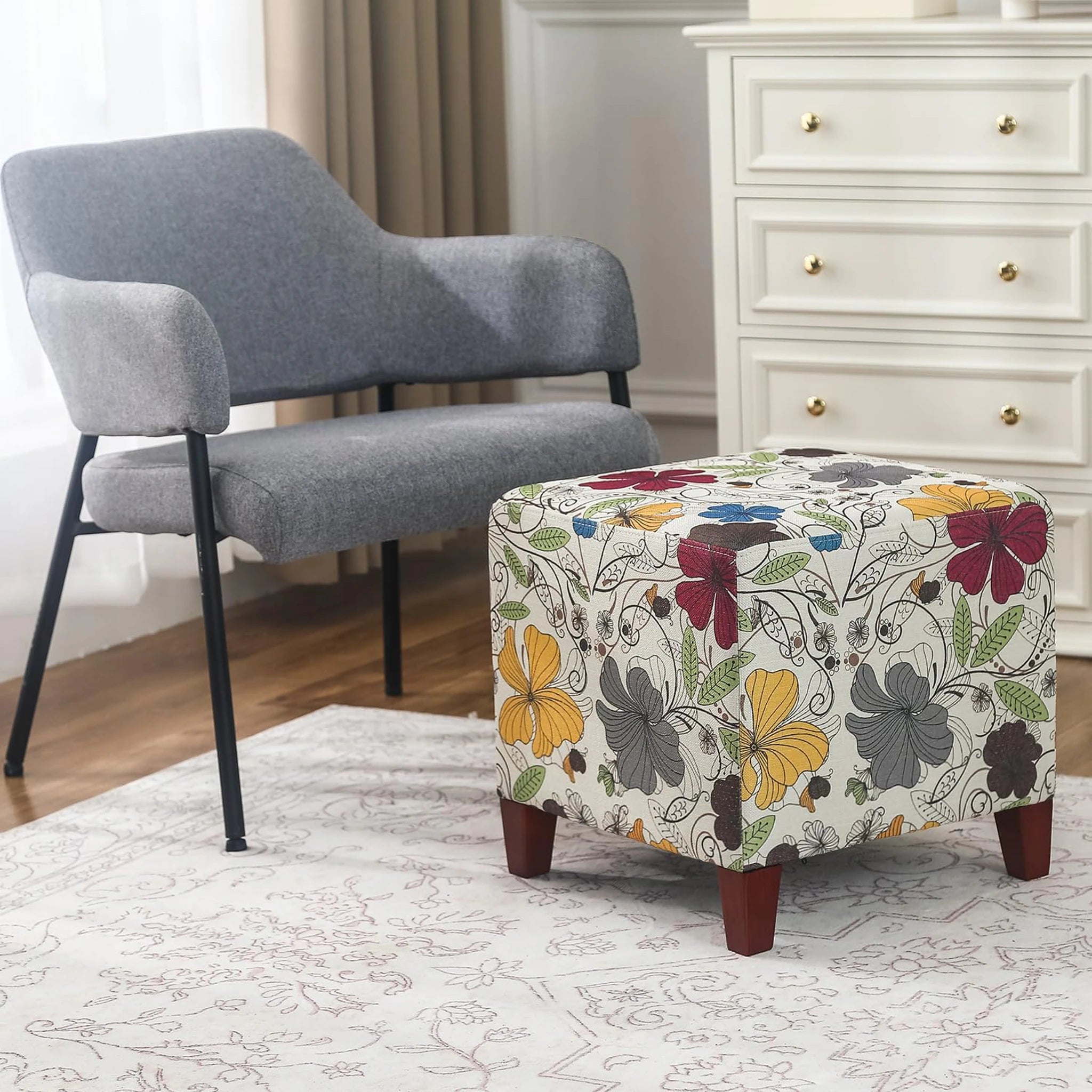 Adeco Floral Printed Linen Square Vanity Stool – lifestyle room view