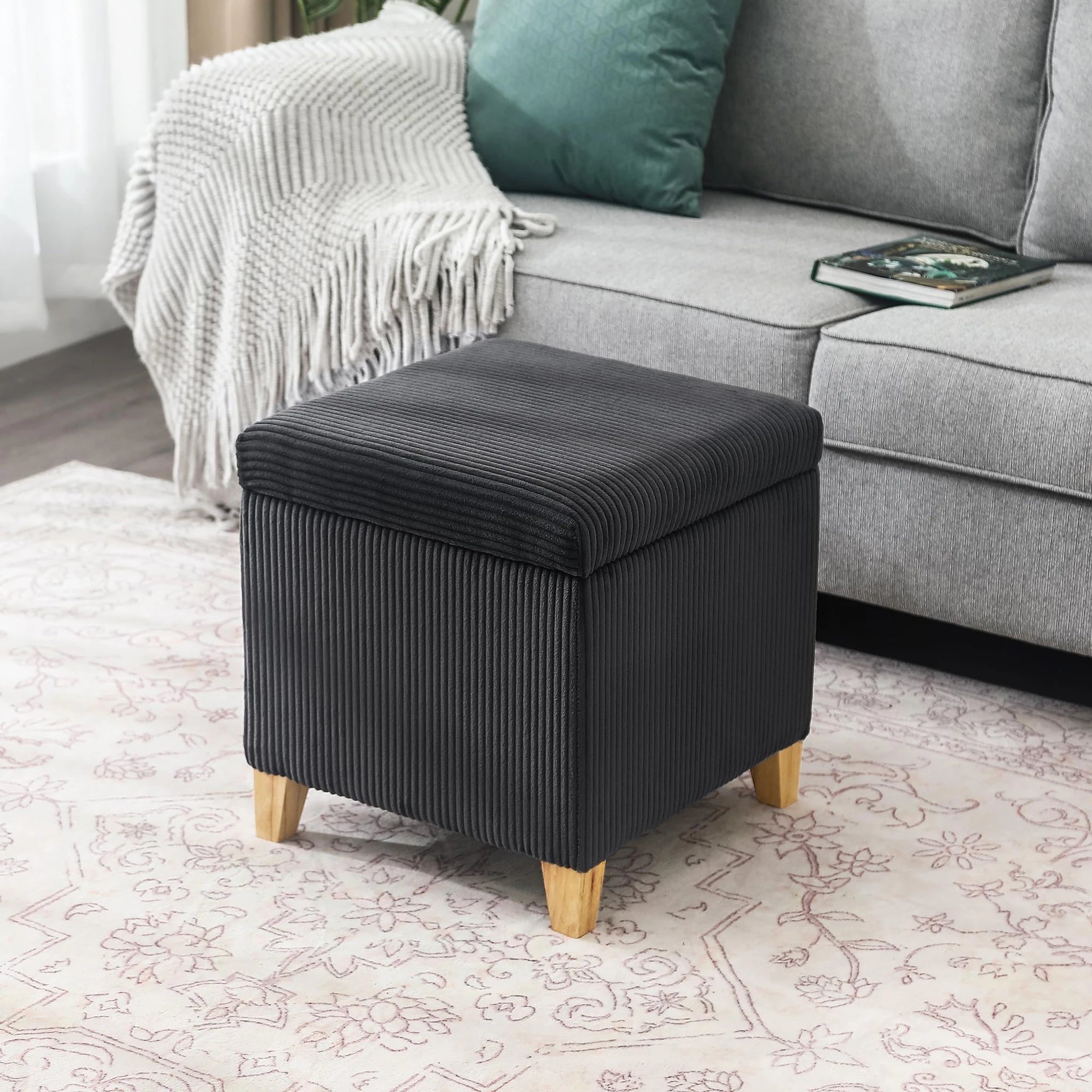 Adeco Fluffy Striped Grey Fabric Square Storage Ottoman – styled home scene