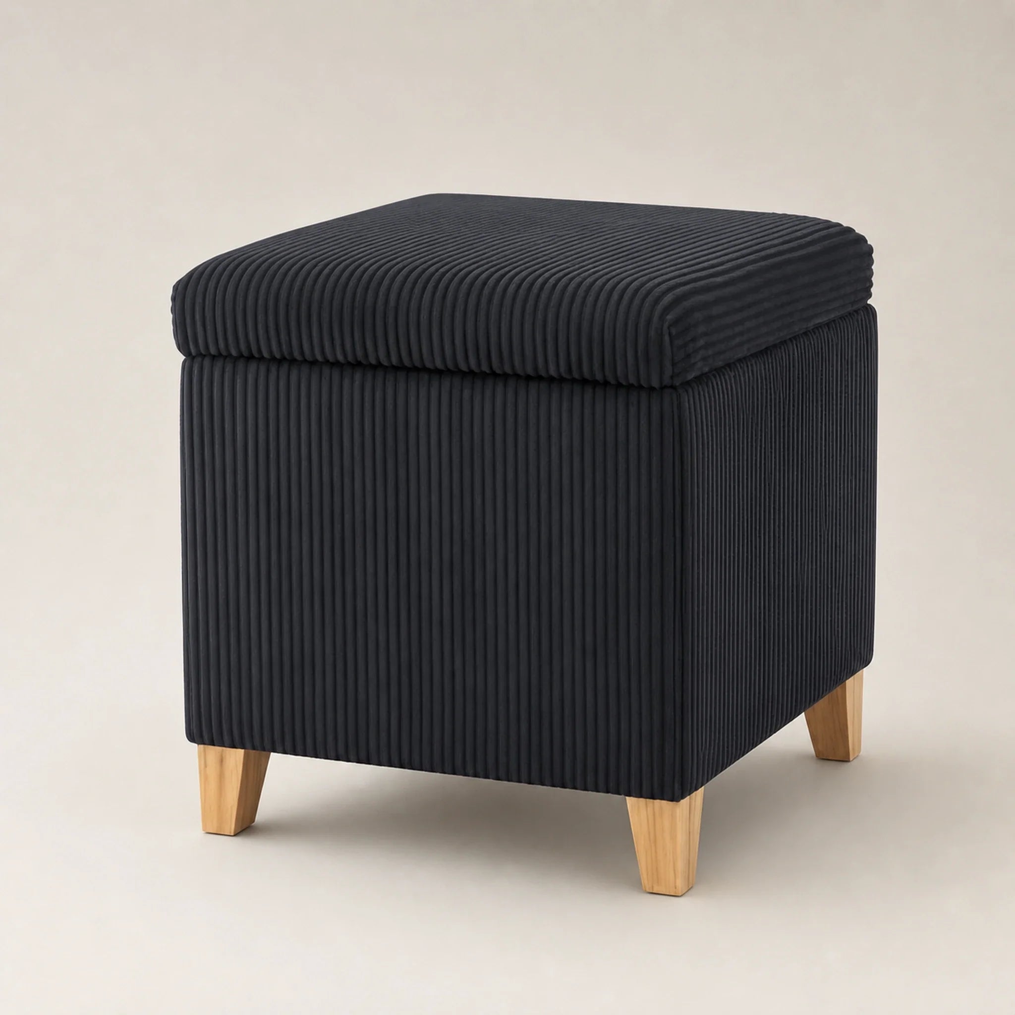 Adeco Fluffy Striped Grey storage ottoman – warm studio front view#Color_Fluffy Striped Grey