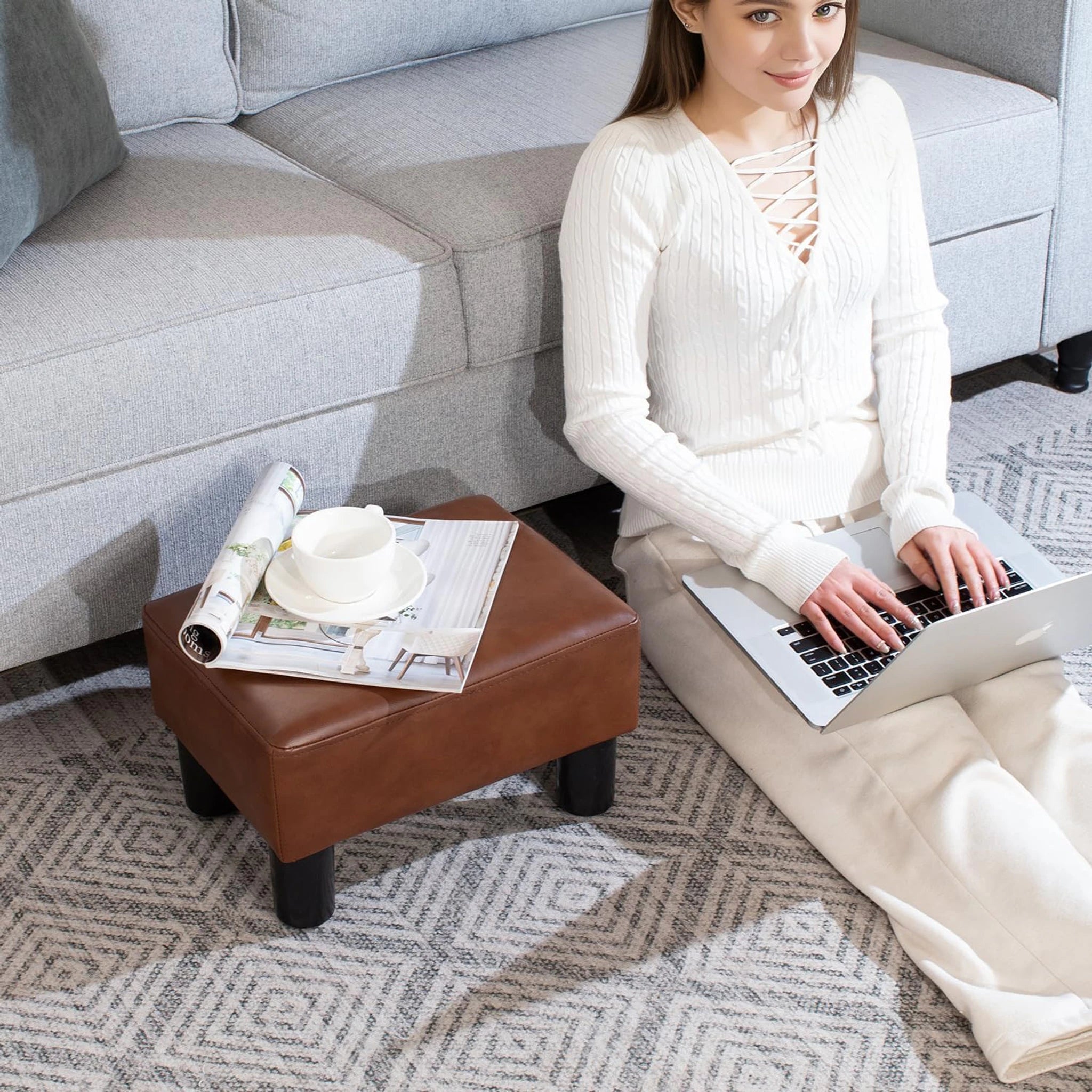 Adeco Gold Brown Pu Faux Leather Storage Ottoman – lifestyle room view