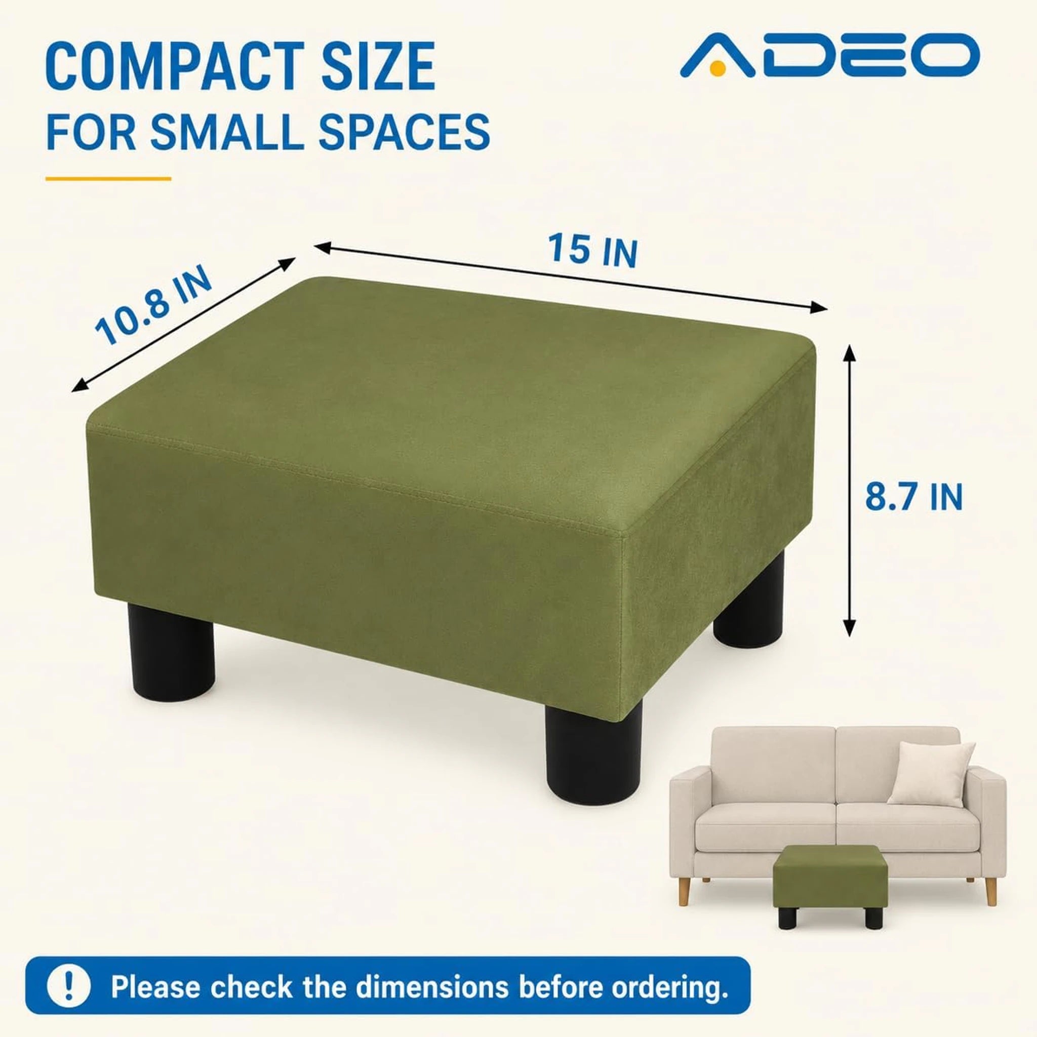 Adeco Grass Green Faux Leather Storage Ottoman – dimensions chart