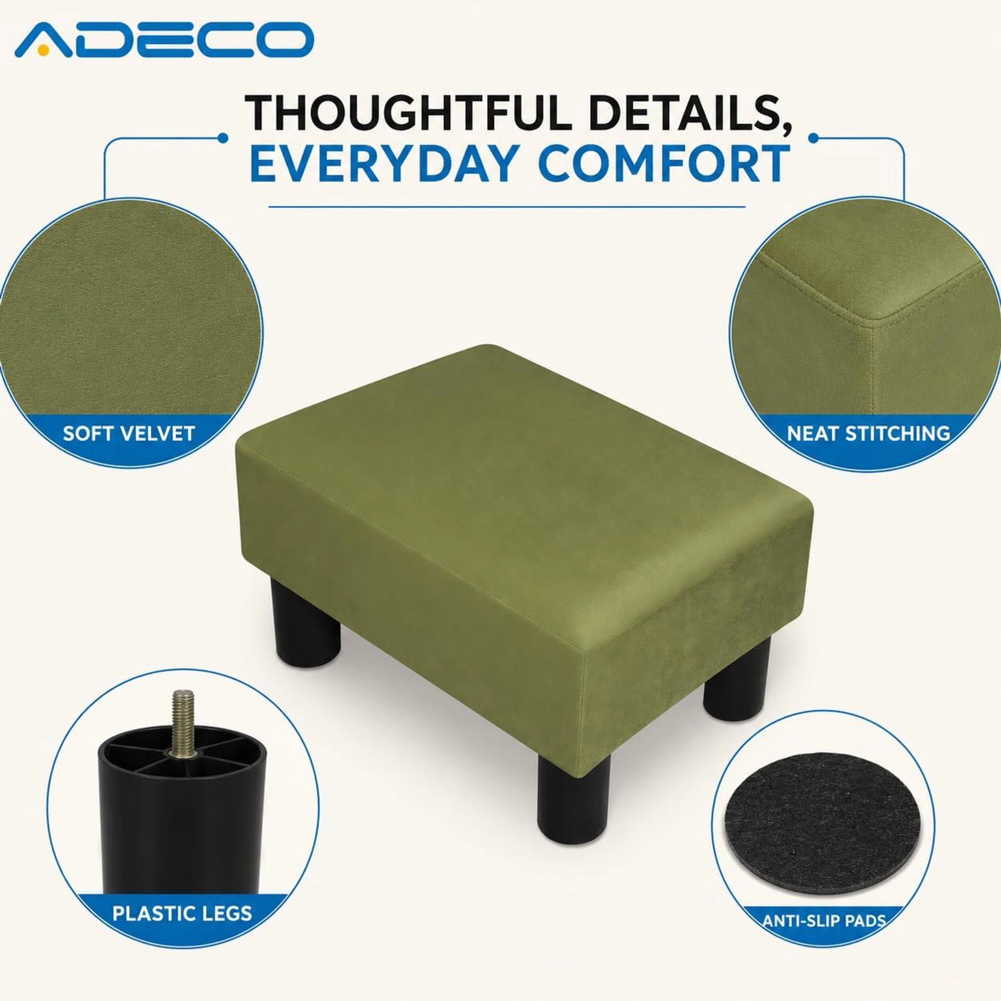 Adeco Grass Green Faux Leather Storage Ottoman – detail and materials view