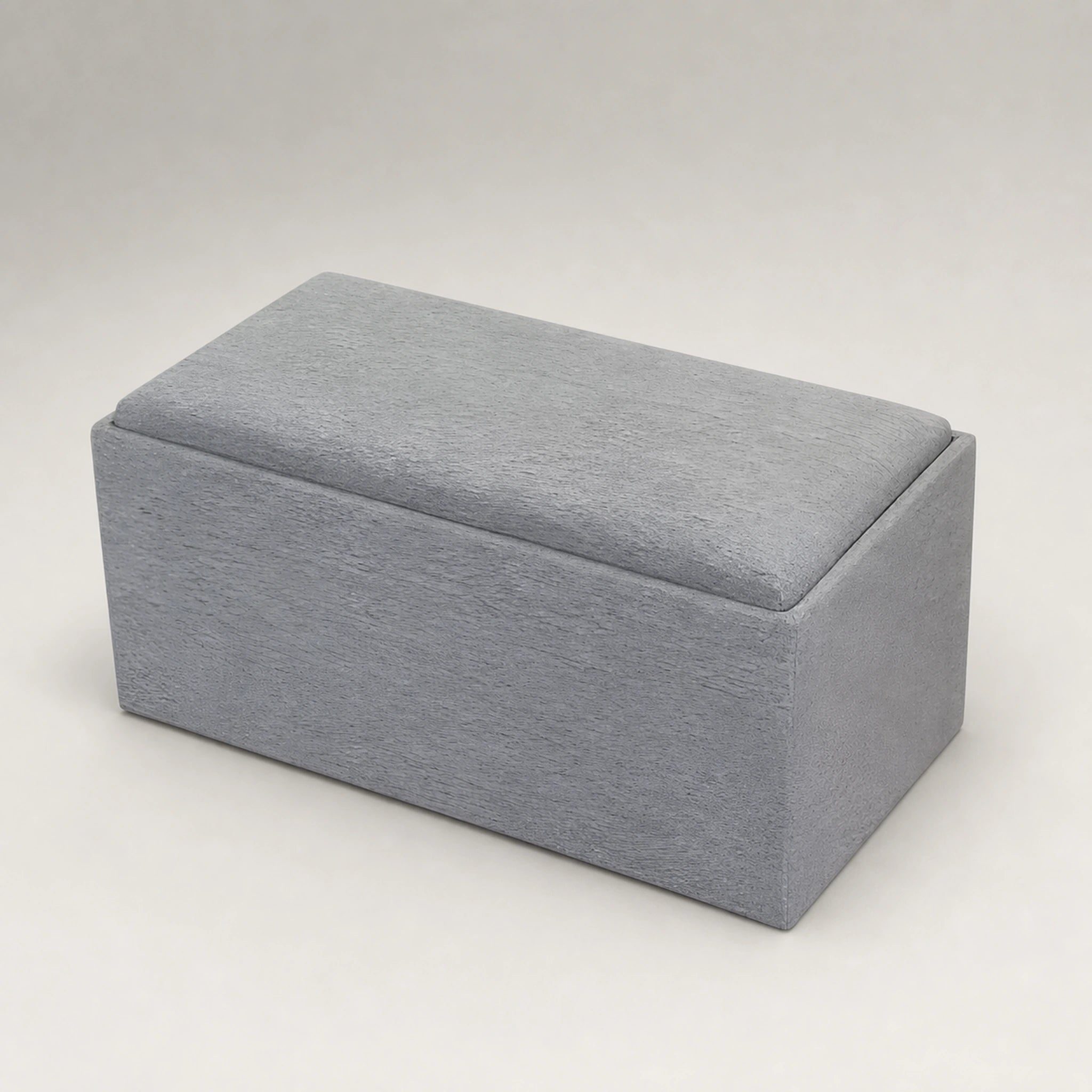 Beringia Gray linen 35-inch storage ottoman – warm studio front view