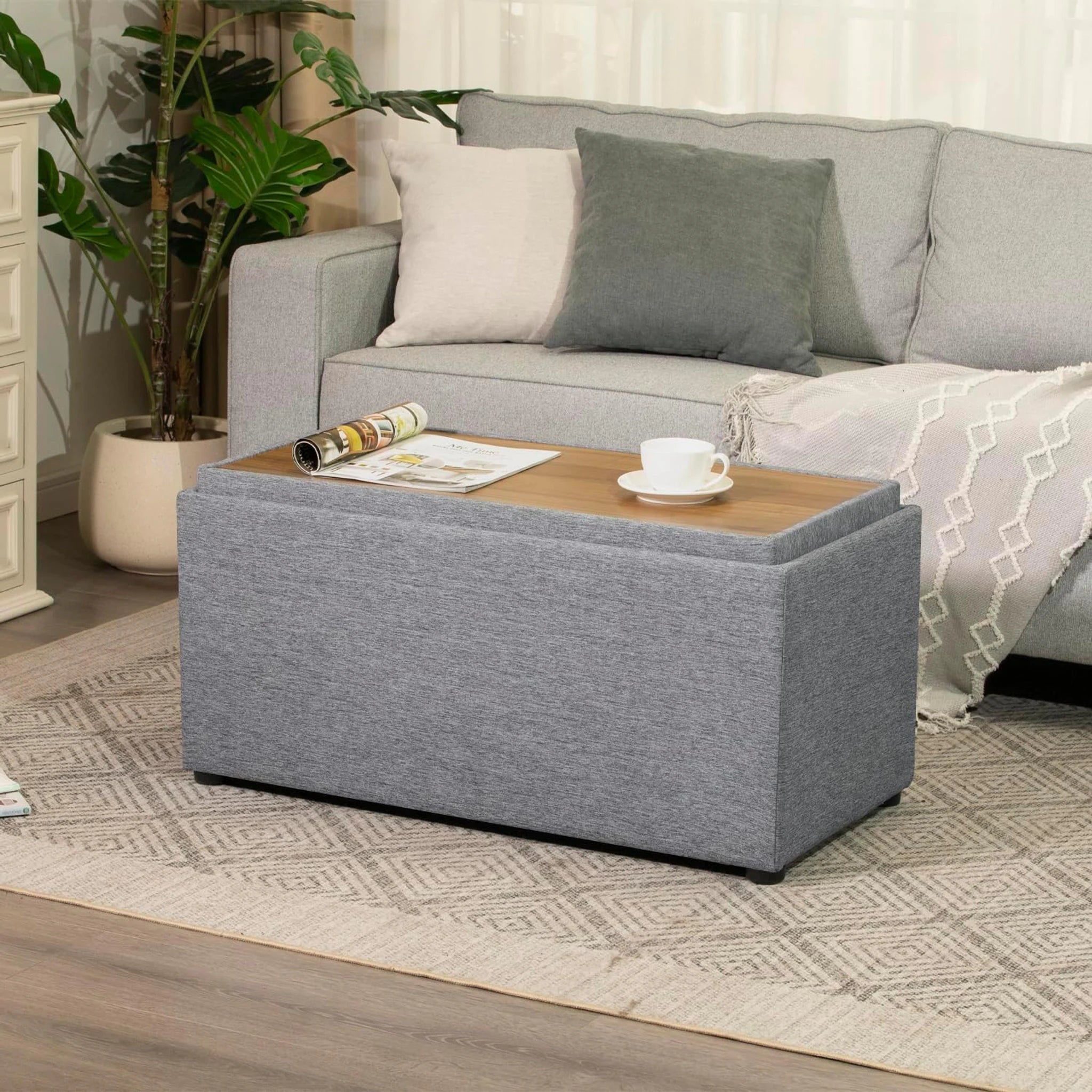 Adeco Gray Linen Storage Ottoman Bench – styled home scene