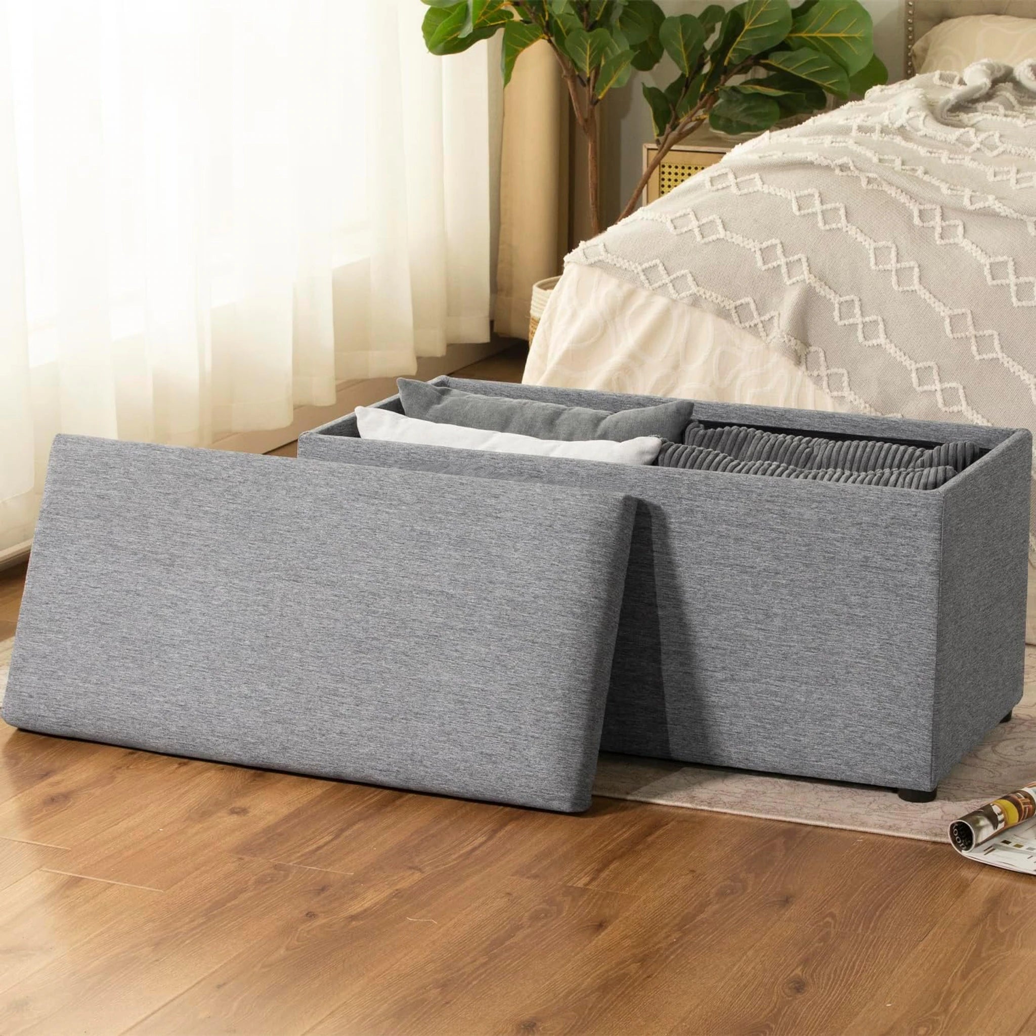 Adeco Gray Linen Storage Ottoman Bench – detail and materials view