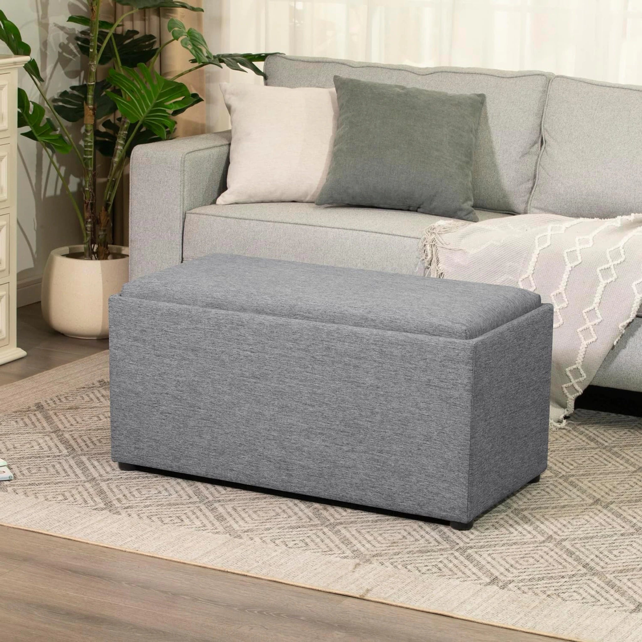 Adeco Gray Linen Storage Ottoman Bench – detail and materials view