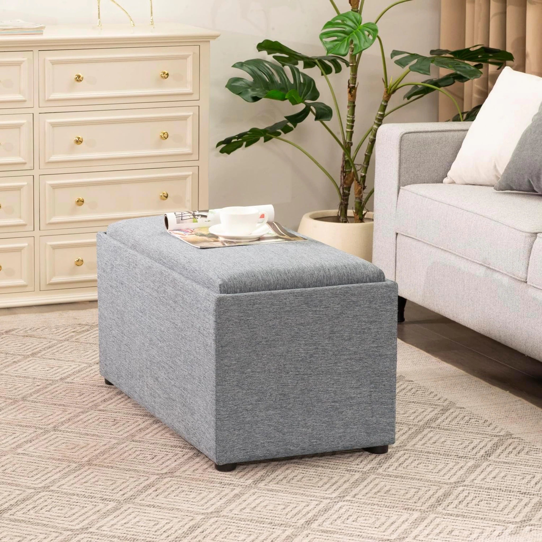 Adeco Gray Linen Storage Ottoman Bench – lifestyle room view