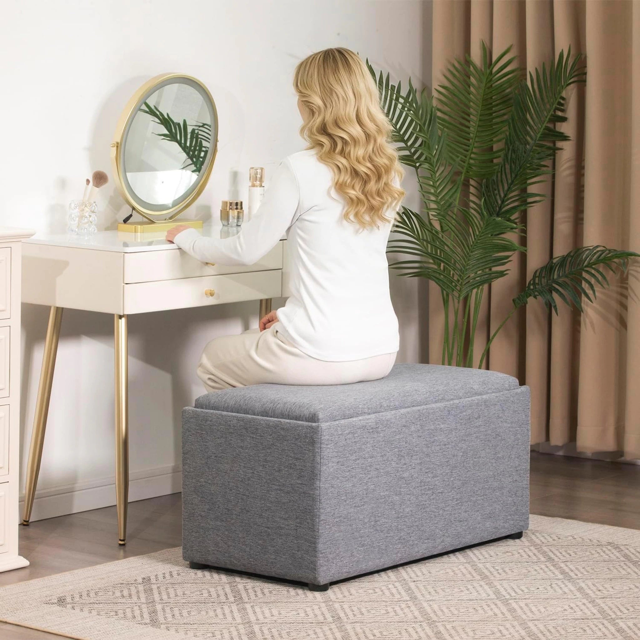Adeco Gray Linen Storage Ottoman Bench – lifestyle room view