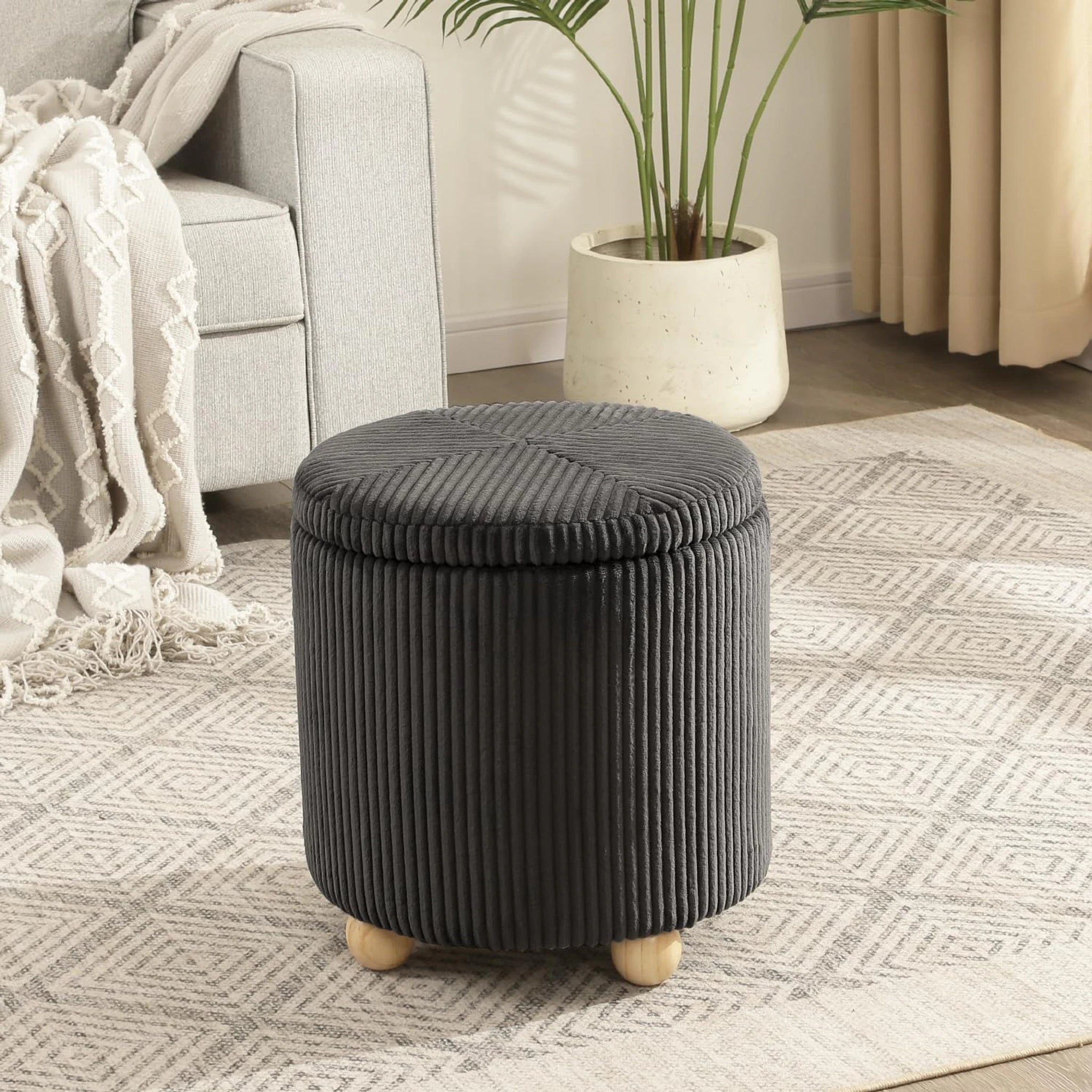 Adeco Gray Tufted Velvet Round Storage Ottoman – styled home scene