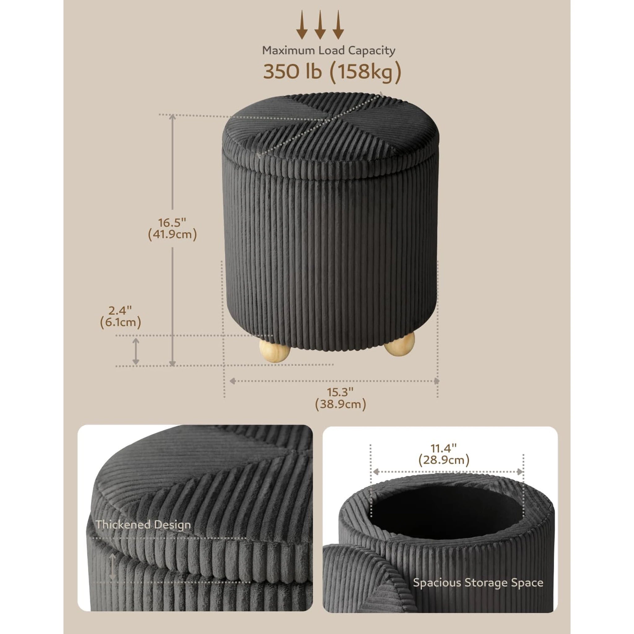 Adeco Gray Tufted Velvet Round Storage Ottoman – dimensions chart