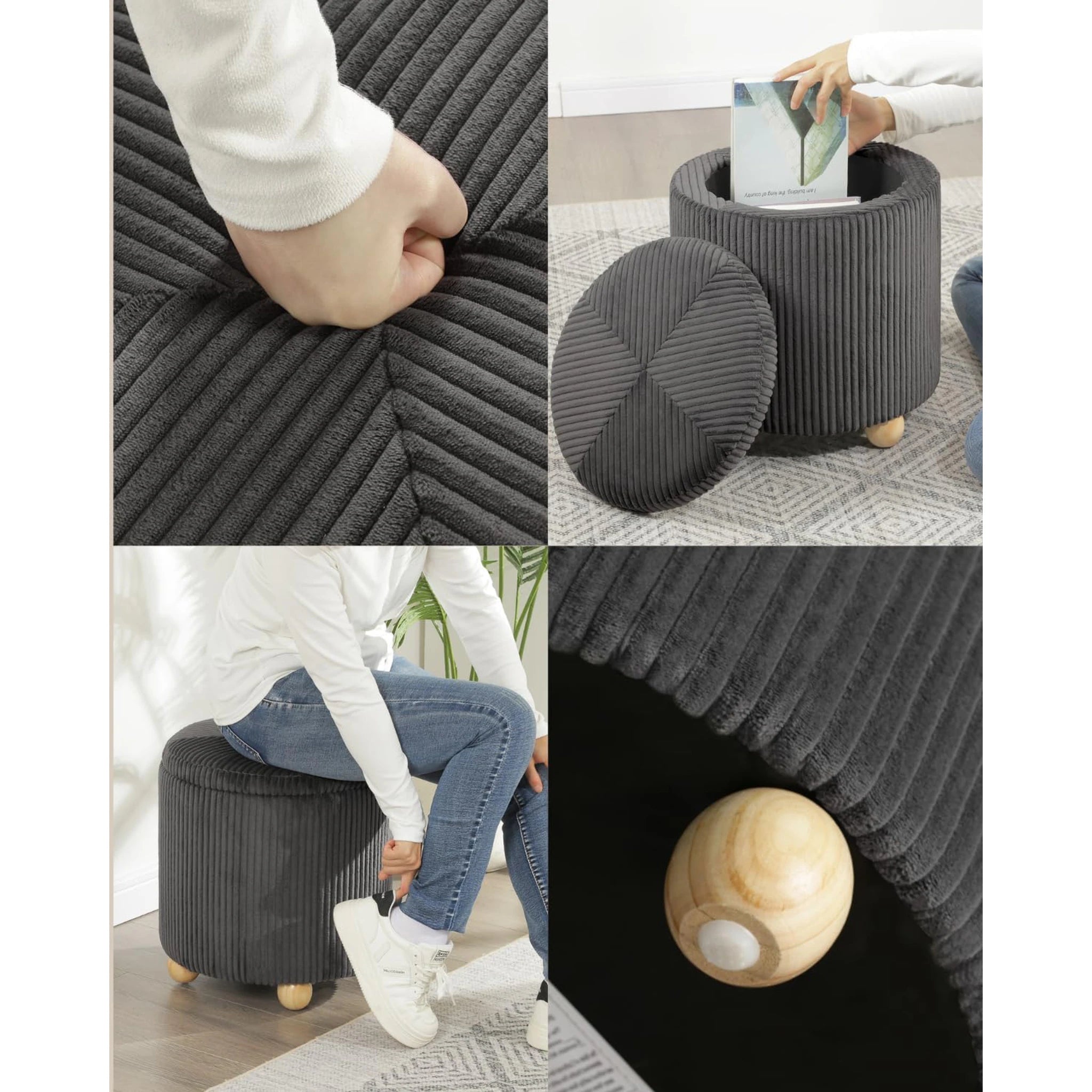 Adeco Gray Tufted Velvet Round Storage Ottoman – detail and materials view