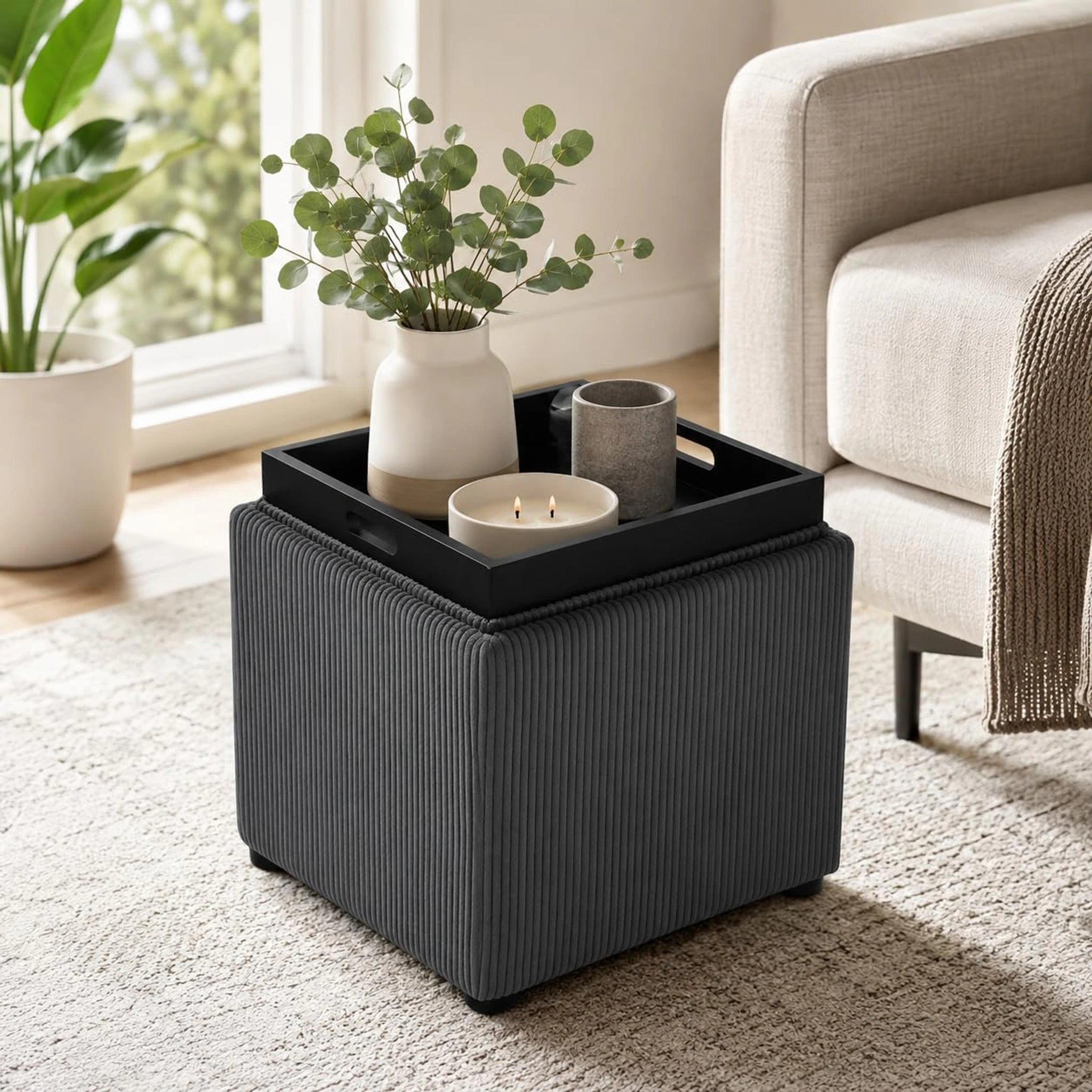 Adeco Gray With Tray Tray-Top Tufted Linen Square Storage Ottoman – styled home scene