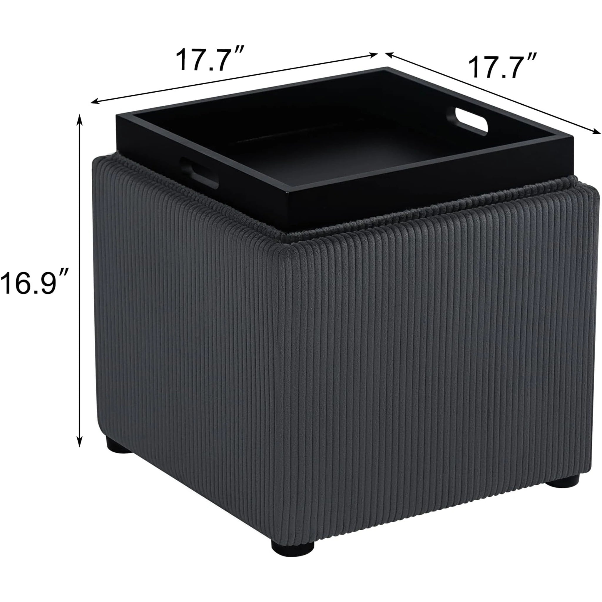 Adeco Gray With Tray Tray-Top Tufted Linen Square Storage Ottoman – dimensions chart