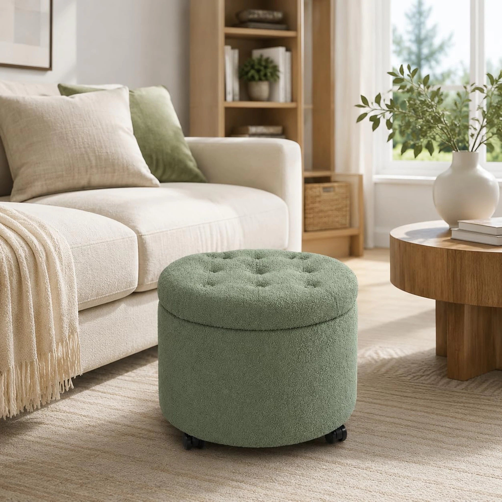 Adeco Green Teddy With Wheels Tufted Fabric Round Storage Ottoman – styled home scene