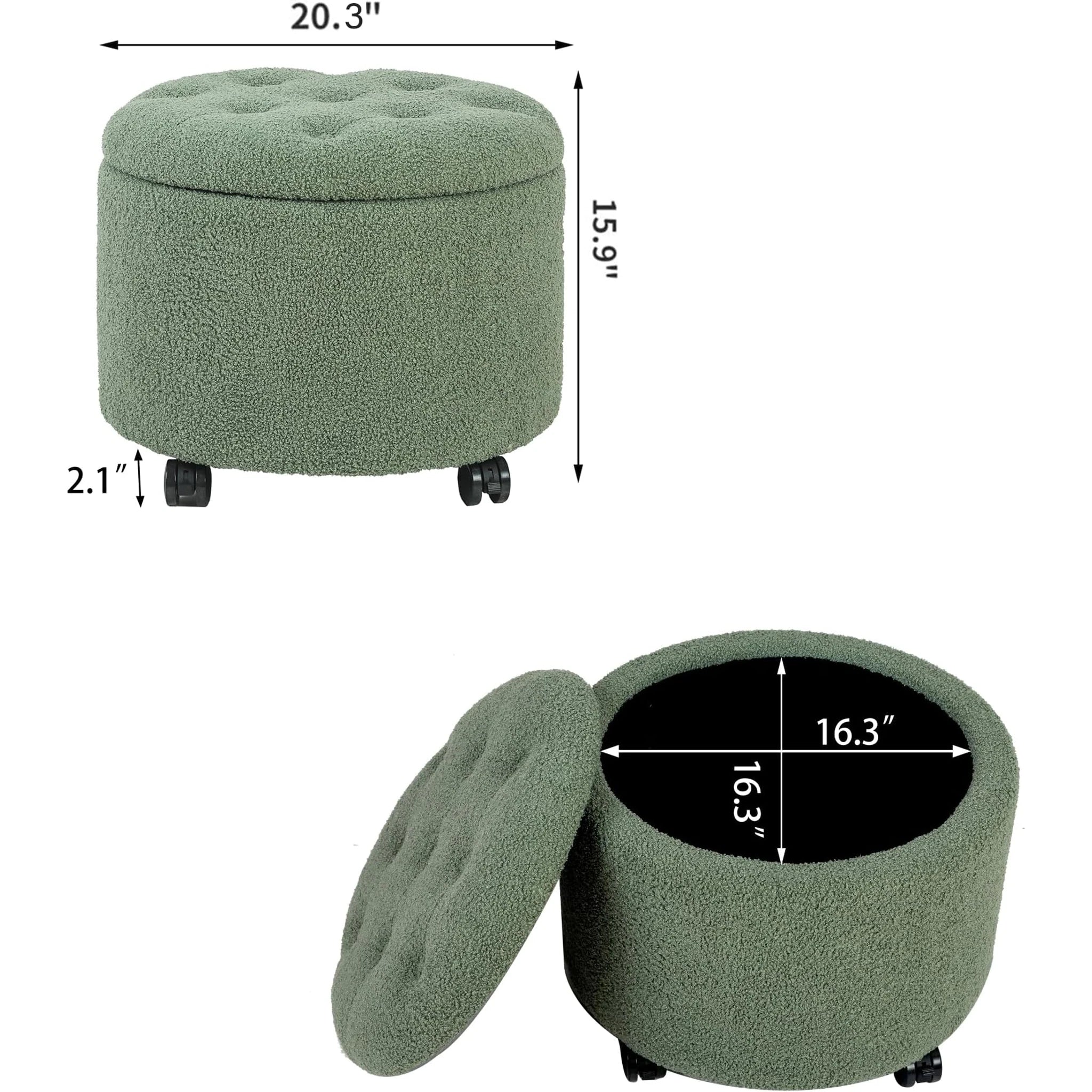 Adeco Green Teddy With Wheels Tufted Fabric Round Storage Ottoman – dimensions chart