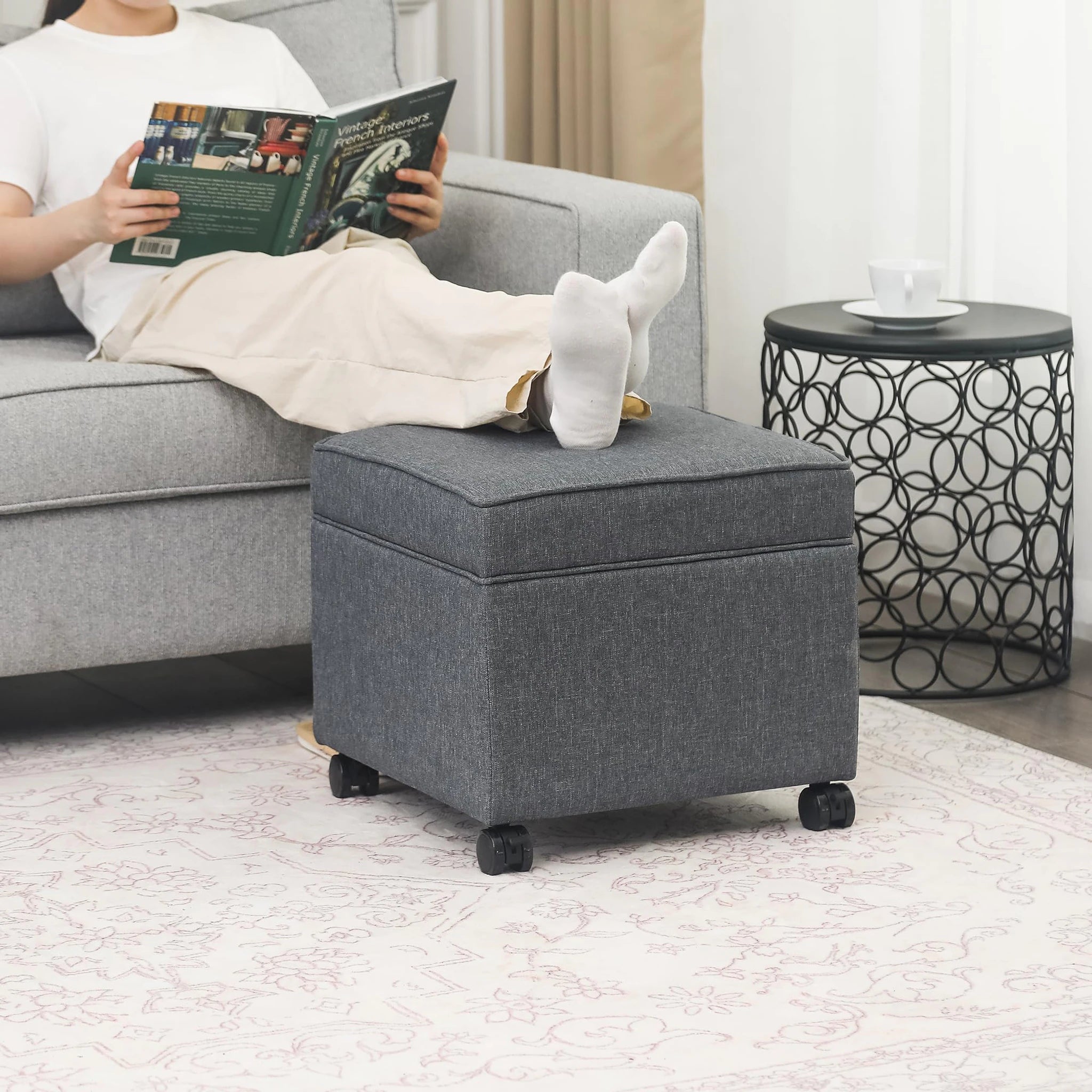 Adeco Grey Fabric Square Storage Ottoman – lifestyle room view