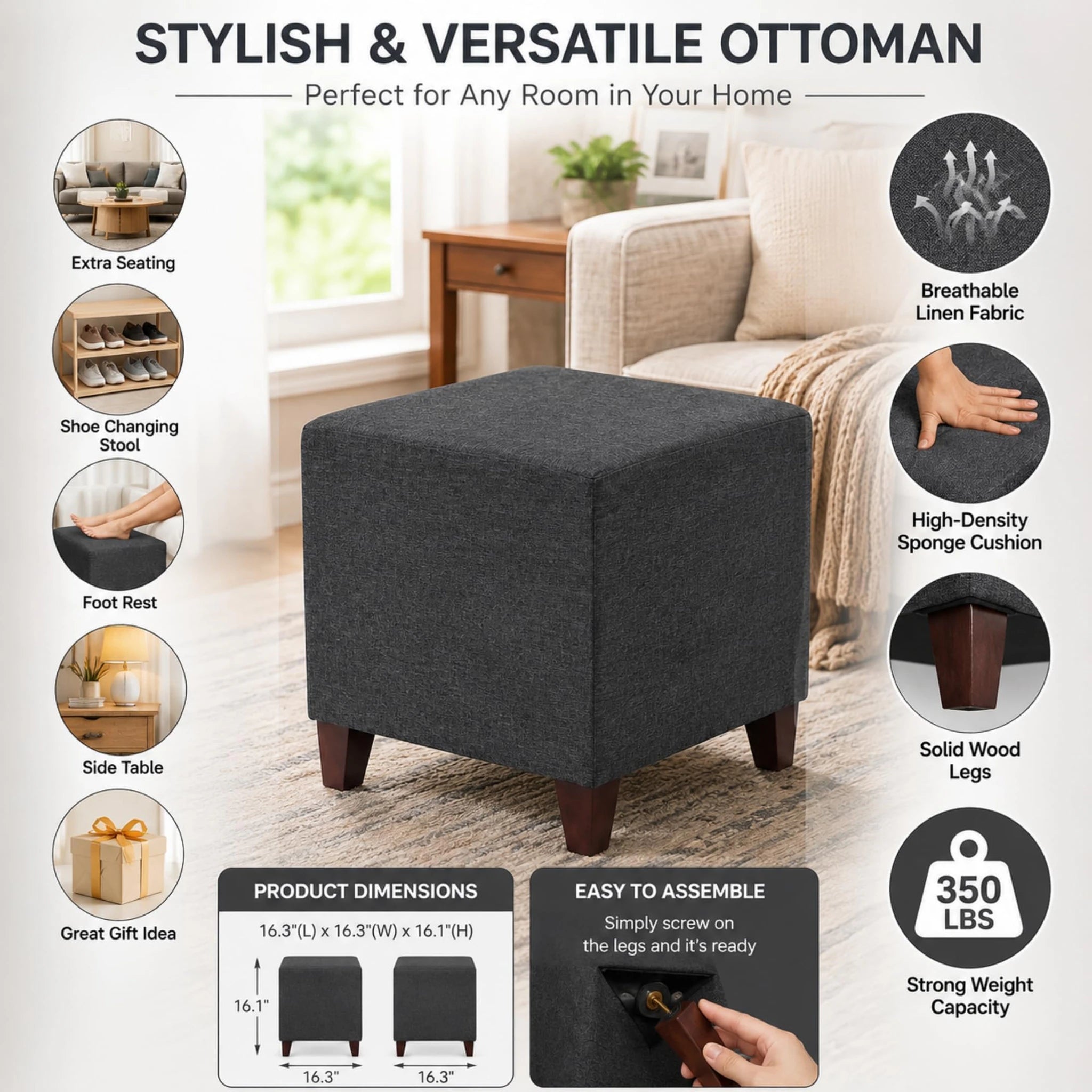 Adeco Grey Linen Square Vanity Stool – detail and materials view