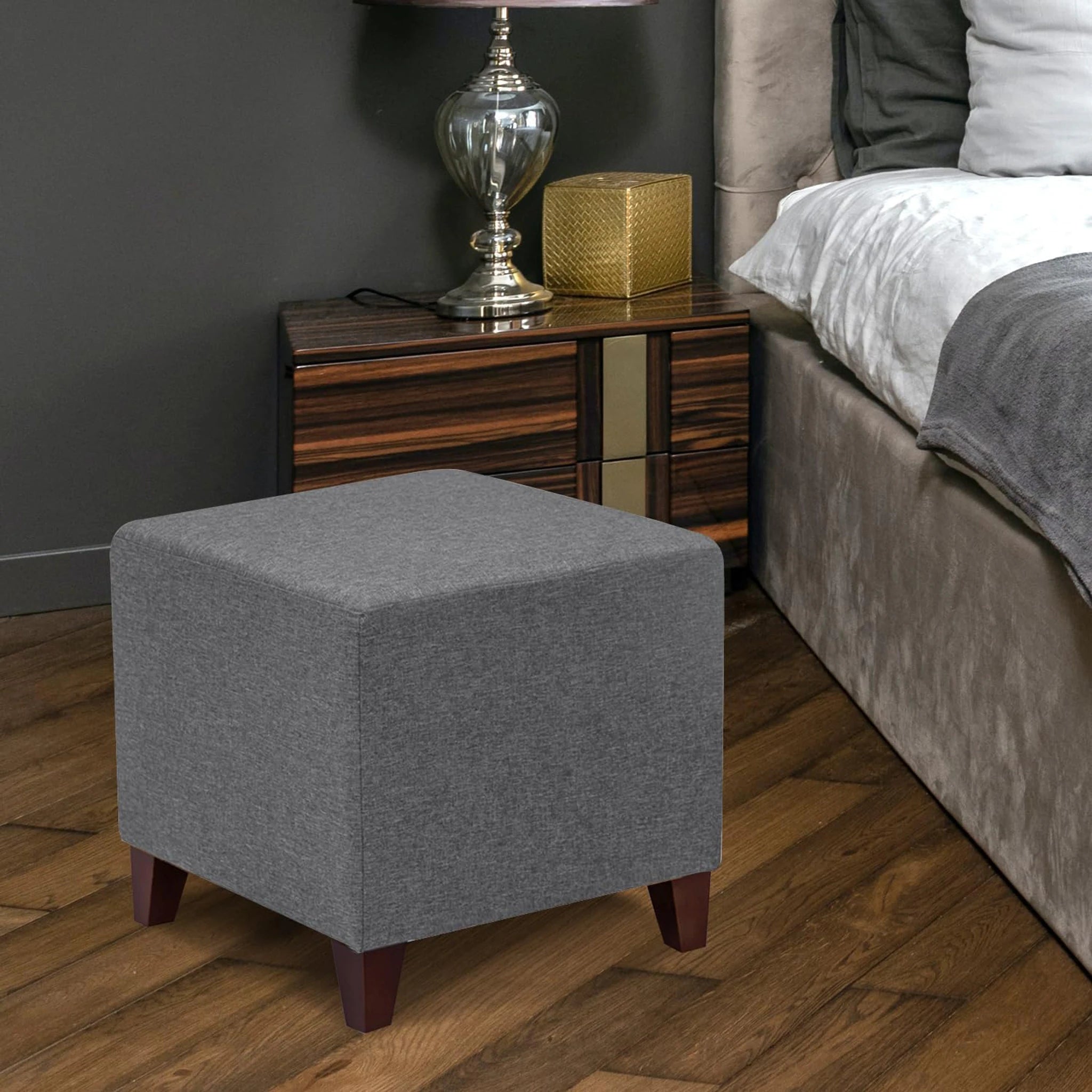 Adeco Grey Linen Square Vanity Stool – lifestyle room view
