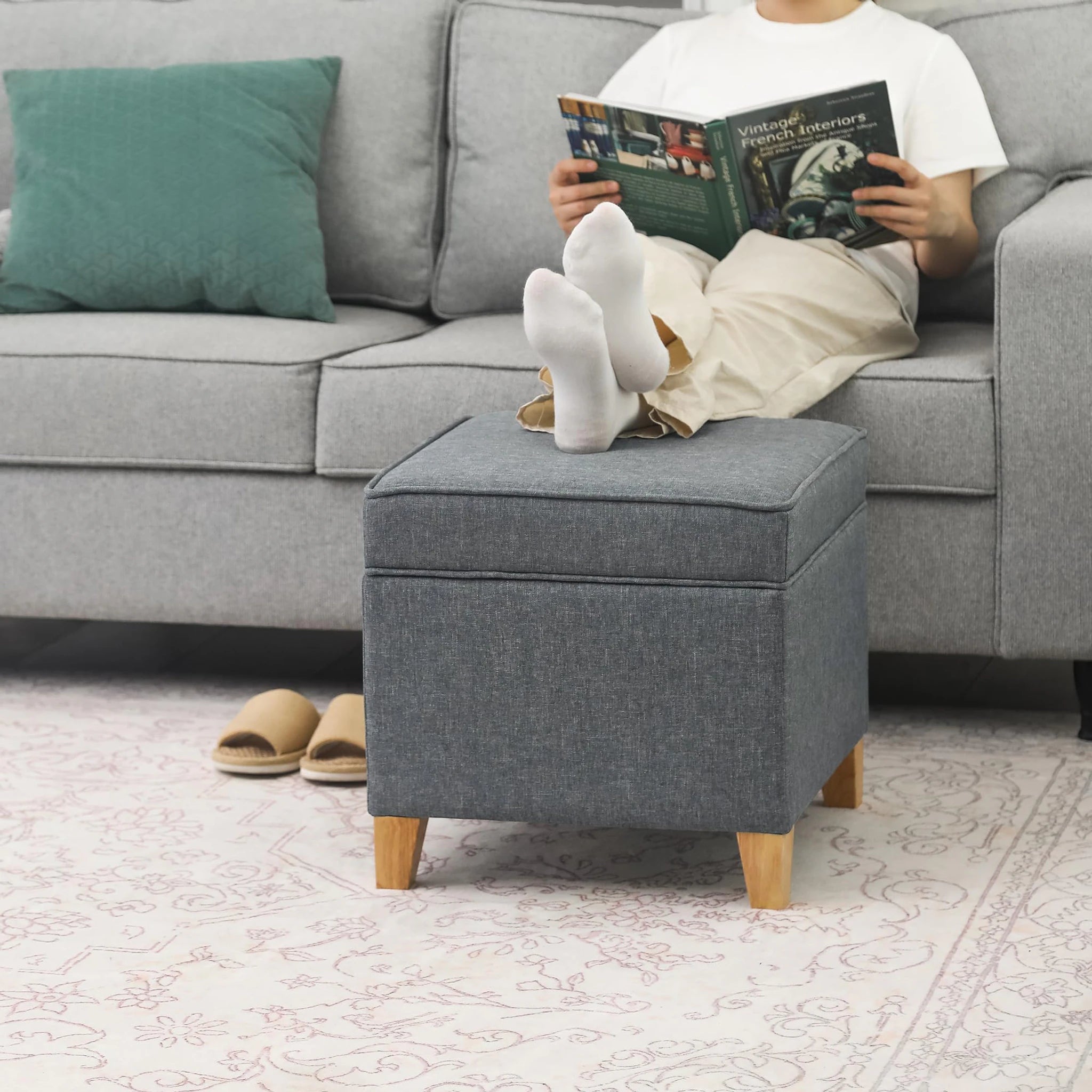 Adeco Grey With Burlywood Legs Fabric Square Storage Ottoman – styled home scene