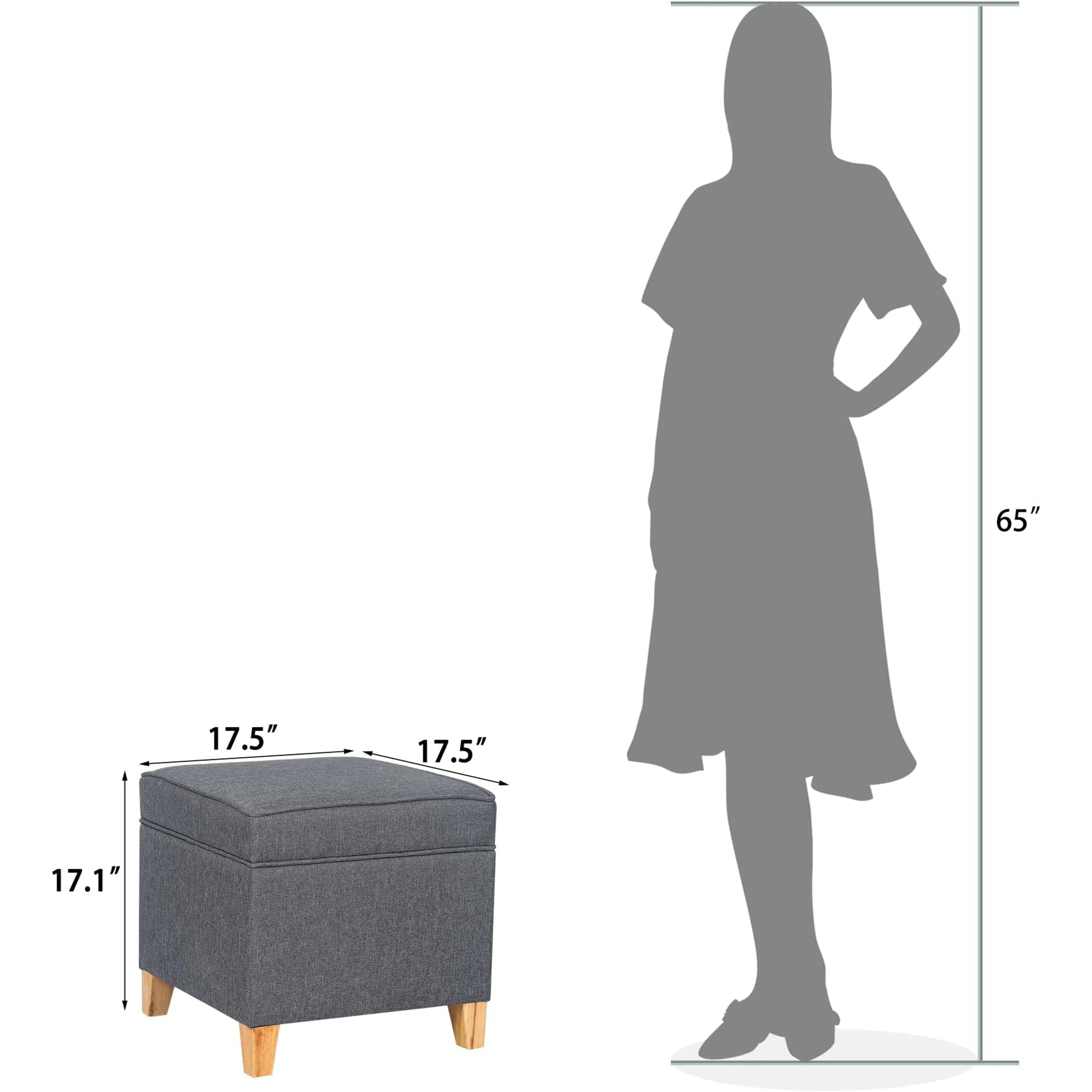 Adeco Grey With Burlywood Legs Fabric Square Storage Ottoman – dimensions chart