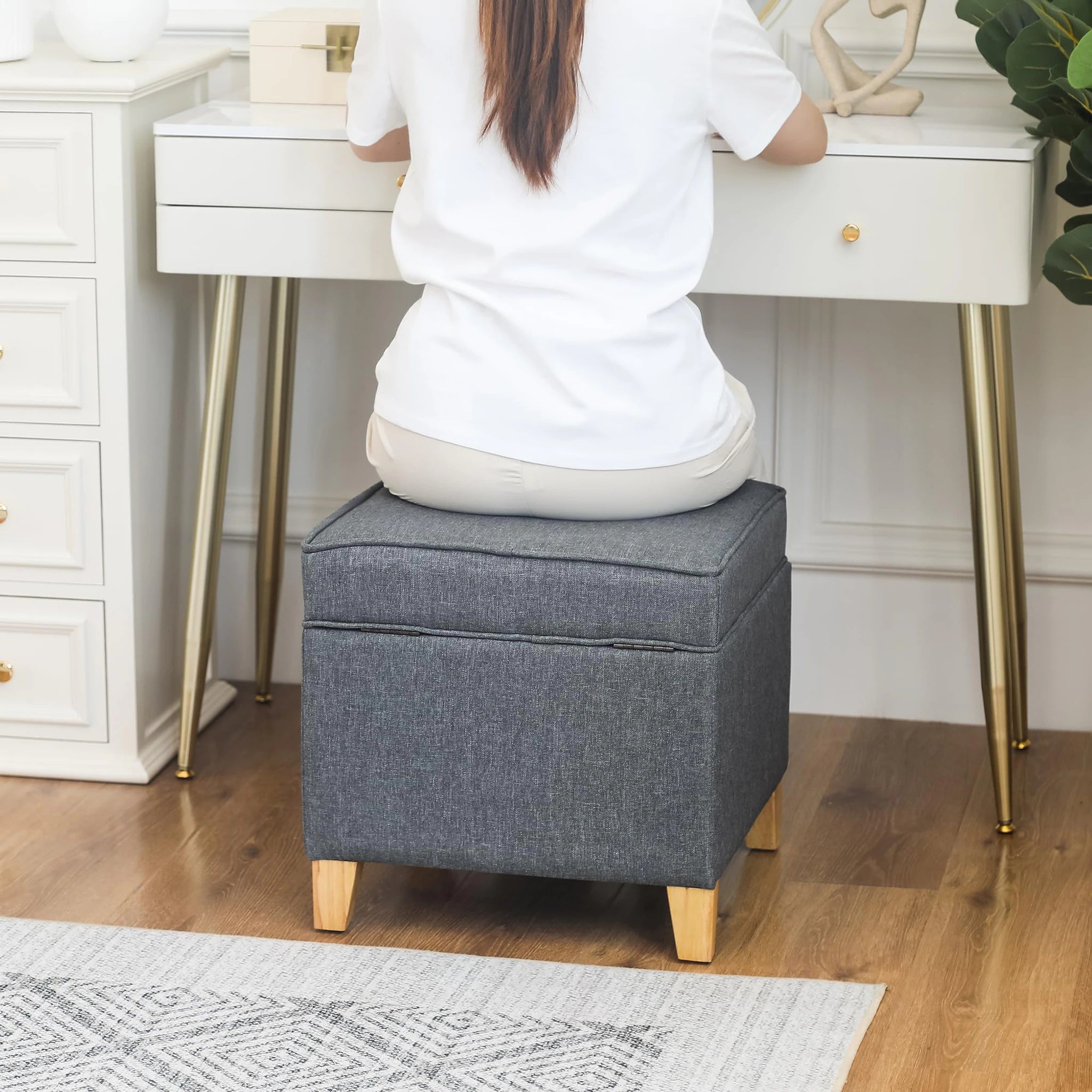 Adeco Grey With Burlywood Legs Fabric Square Storage Ottoman – lifestyle room view