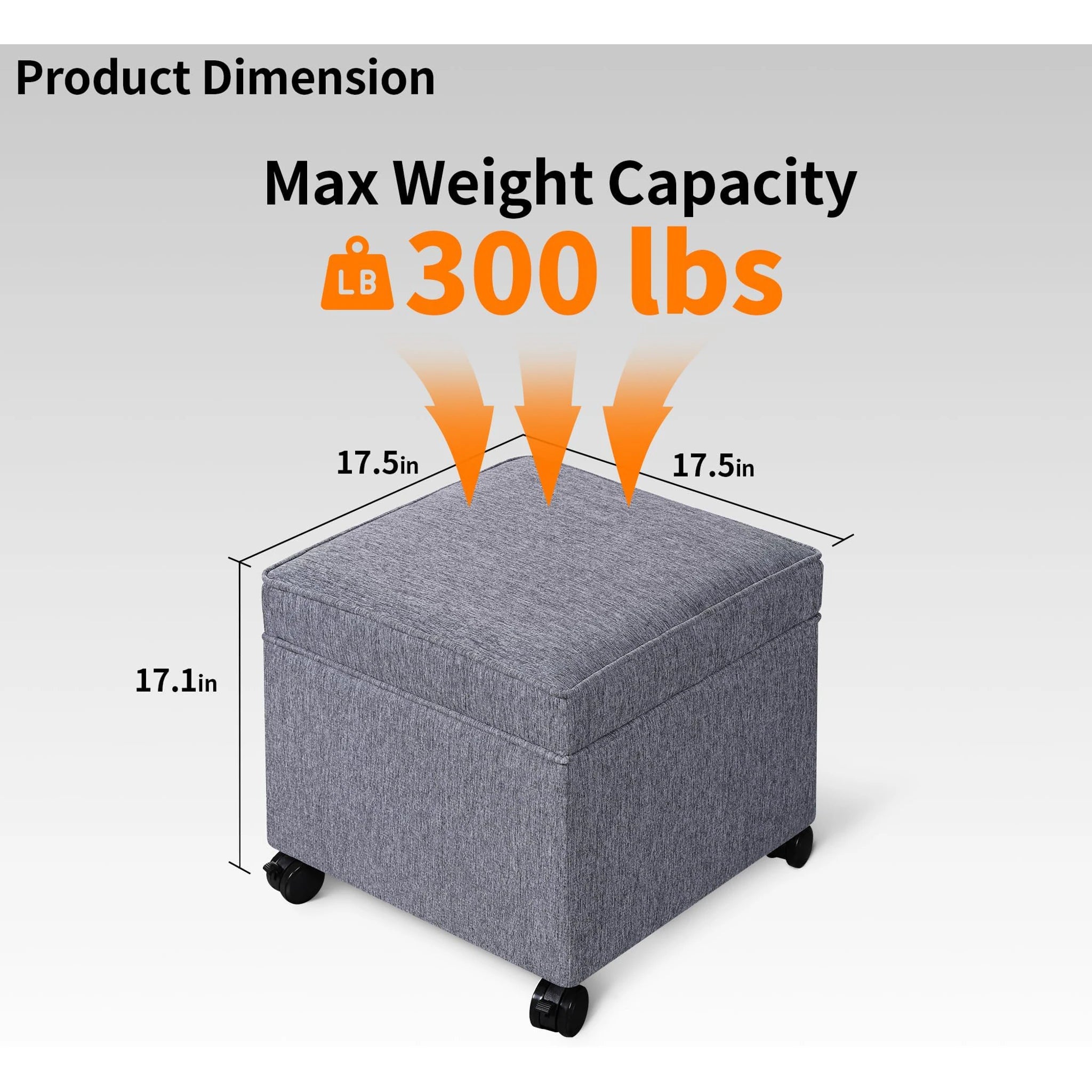 Adeco Grey With Rollers Fabric Square Storage Ottoman – dimensions chart