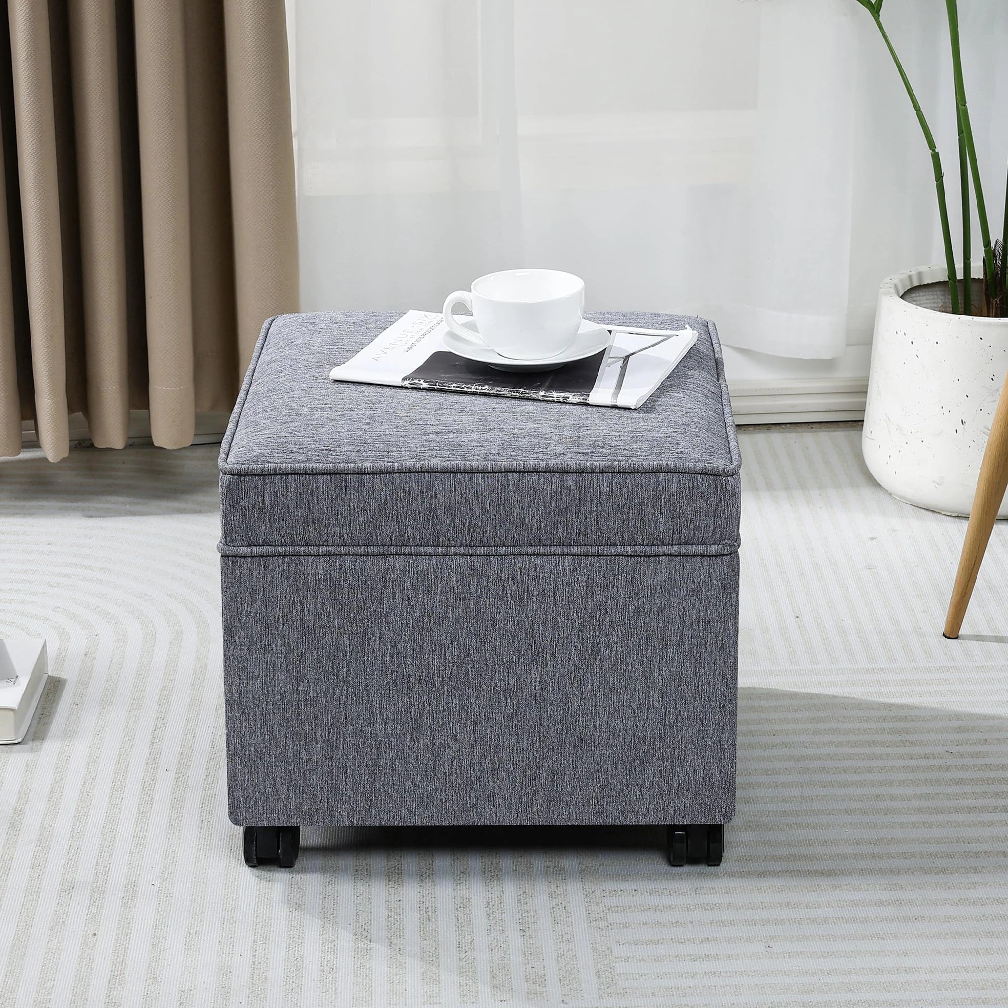 Adeco Grey With Rollers Fabric Square Storage Ottoman – lifestyle room view