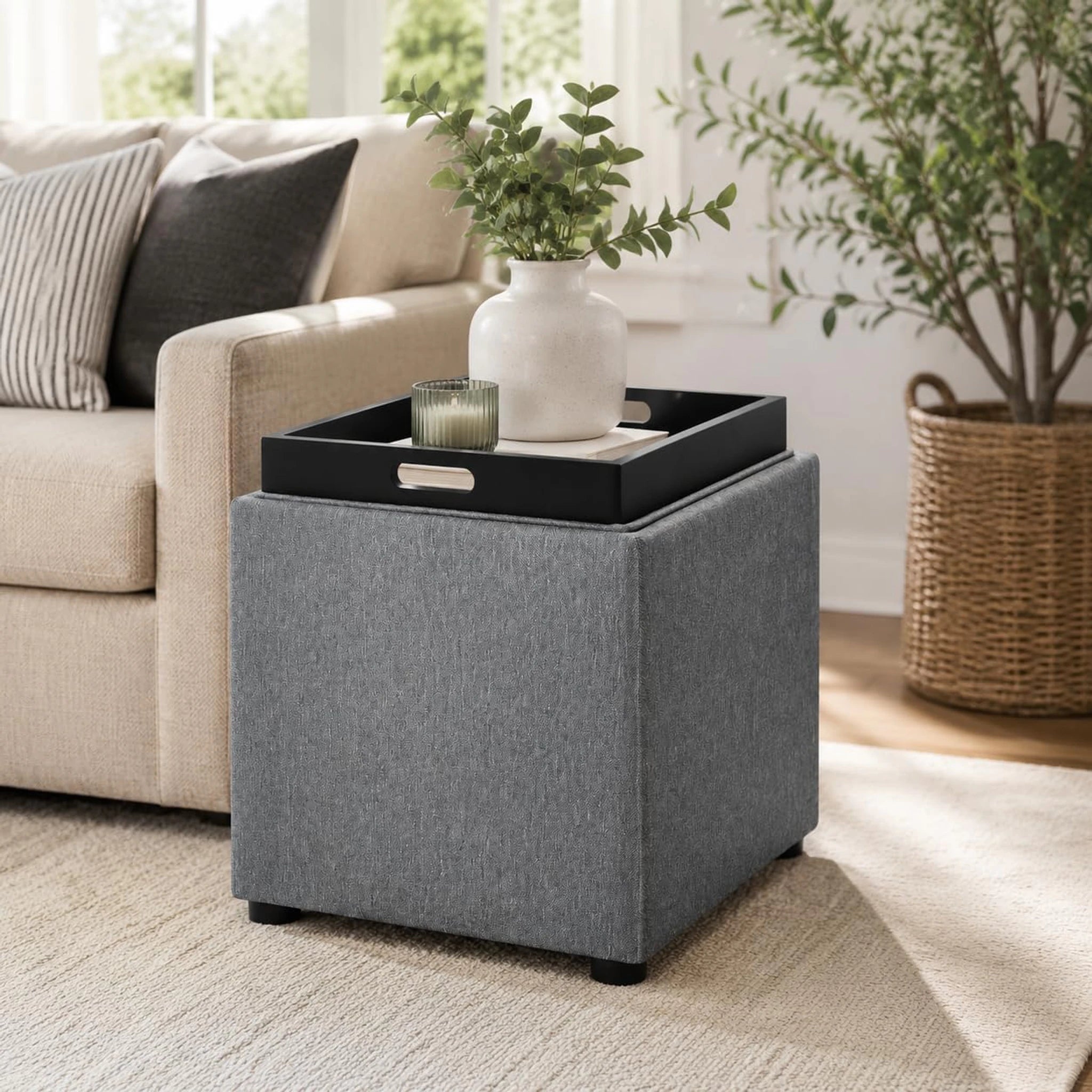 Adeco Grey With Tray Tray-Top Linen Storage Ottoman – styled home scene