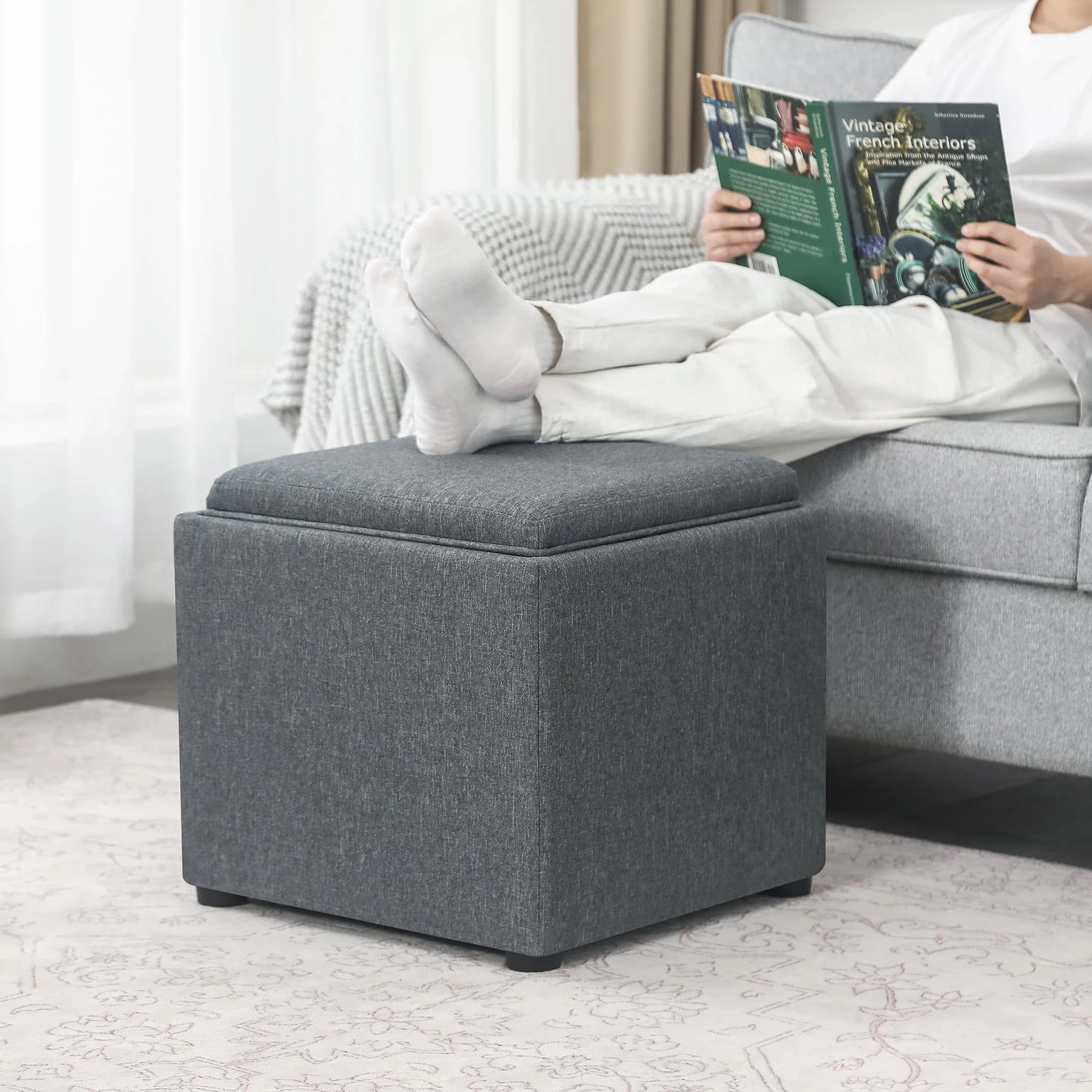 Adeco Grey With Tray Tray-Top Linen Storage Ottoman – lifestyle room view
