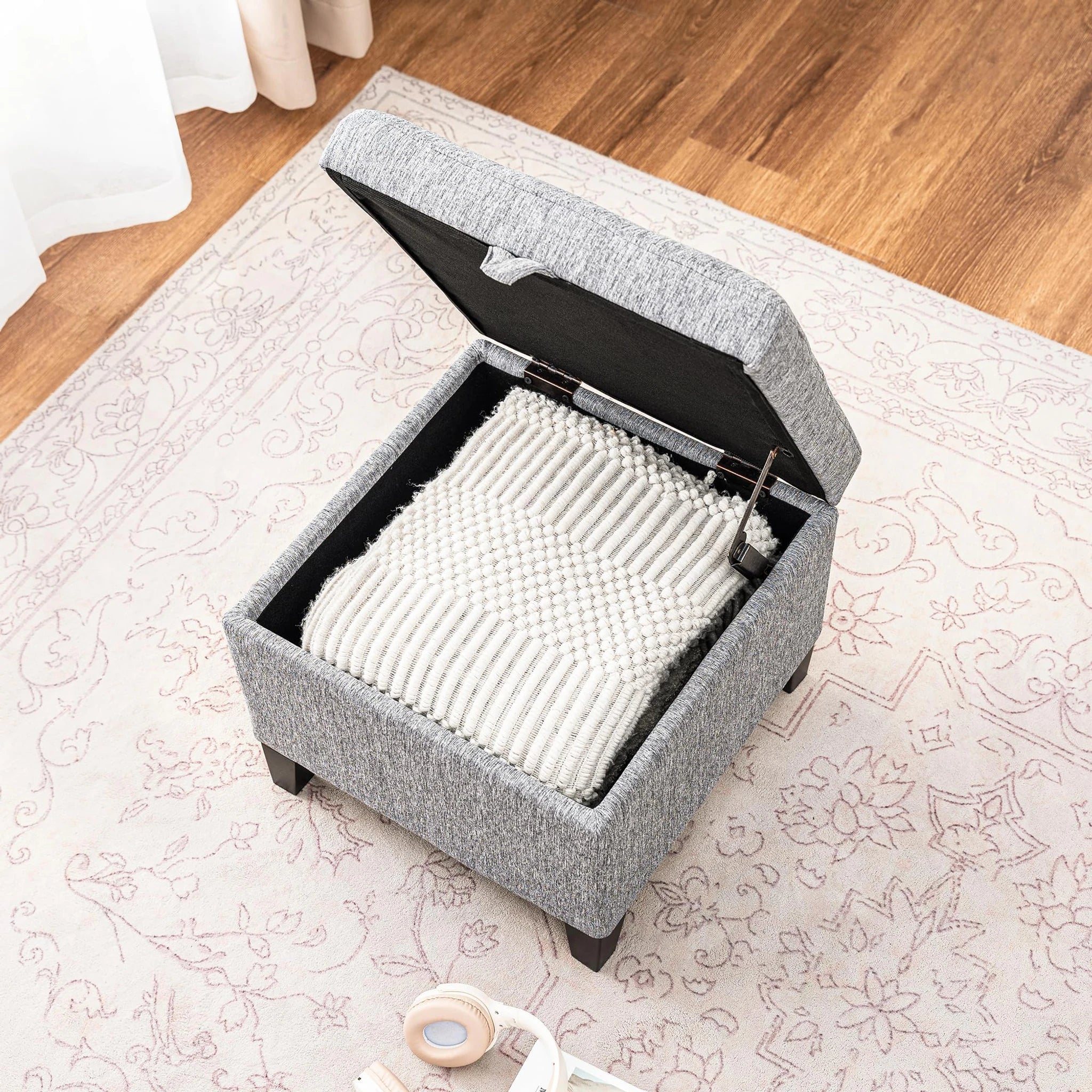 Adeco Grey With Wood Legs Fabric Storage Ottoman – detail and materials view