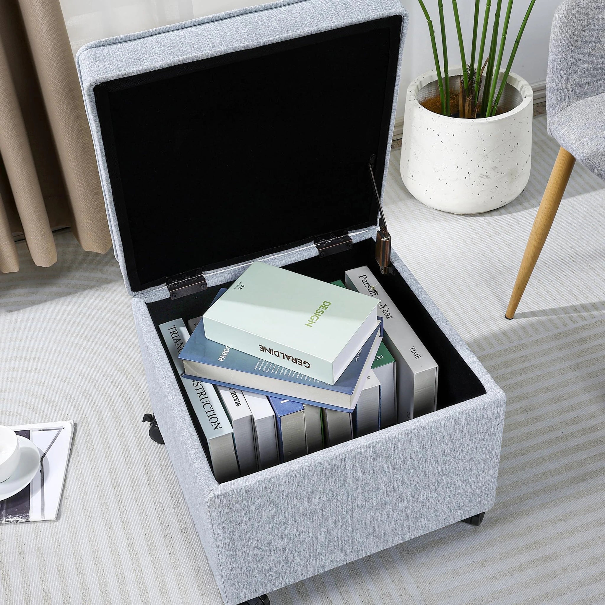 Adeco Ice Blue With Rollers Fabric Square Storage Ottoman – lifestyle room view