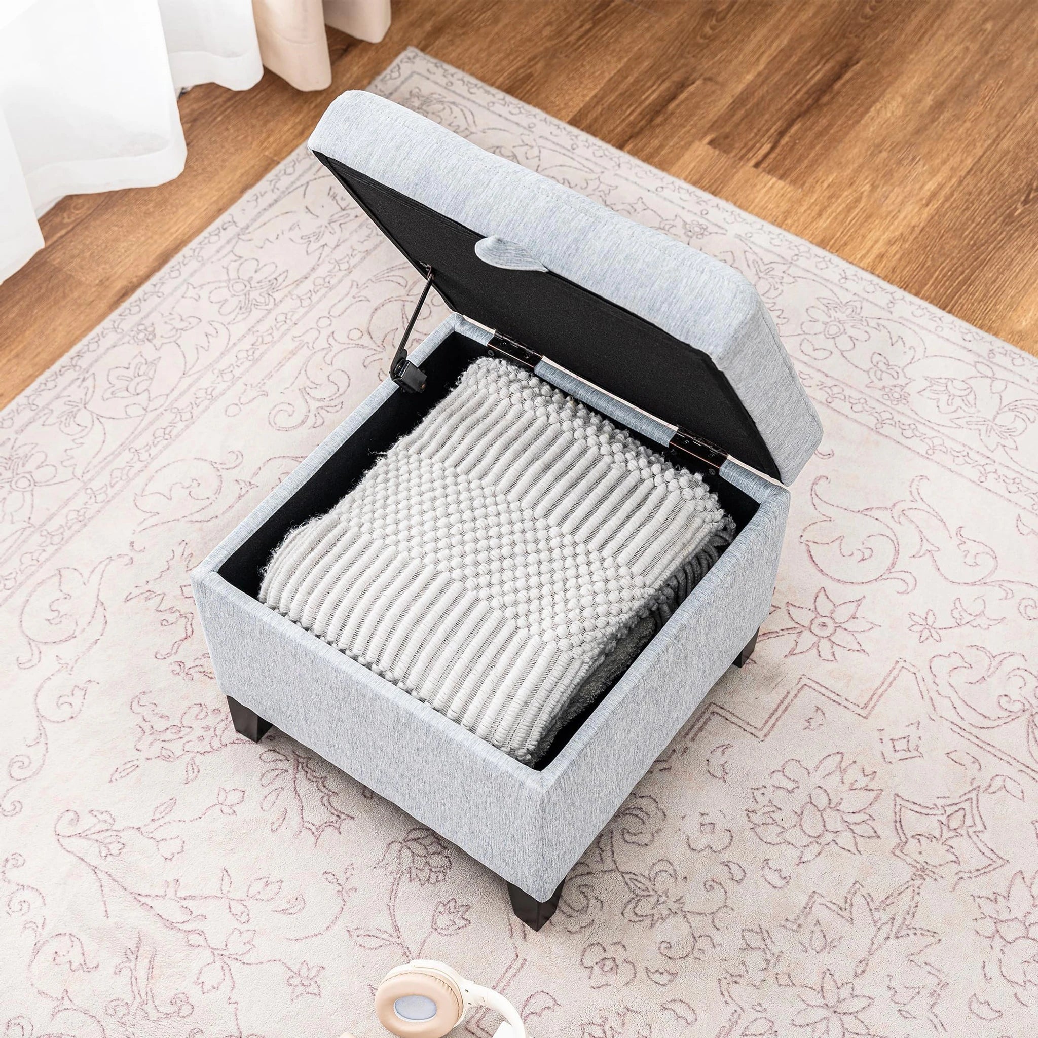 Adeco Ice Grey Fabric Storage Ottoman – lifestyle room view