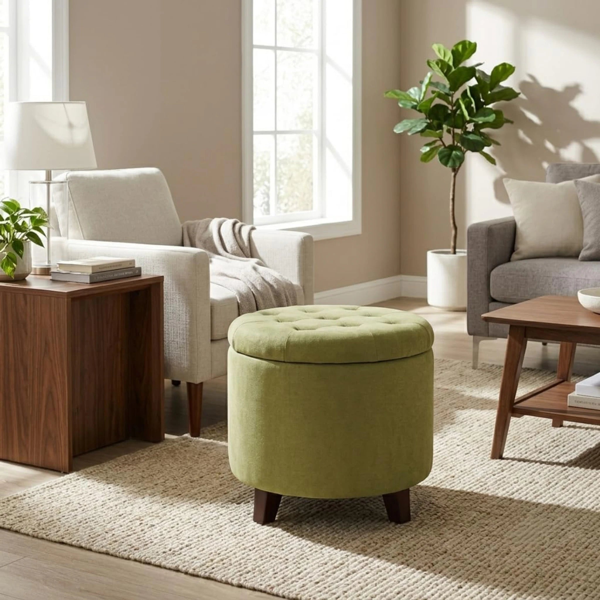 Adeco Kiwi Tufted Fabric Round Storage Ottoman – styled home scene