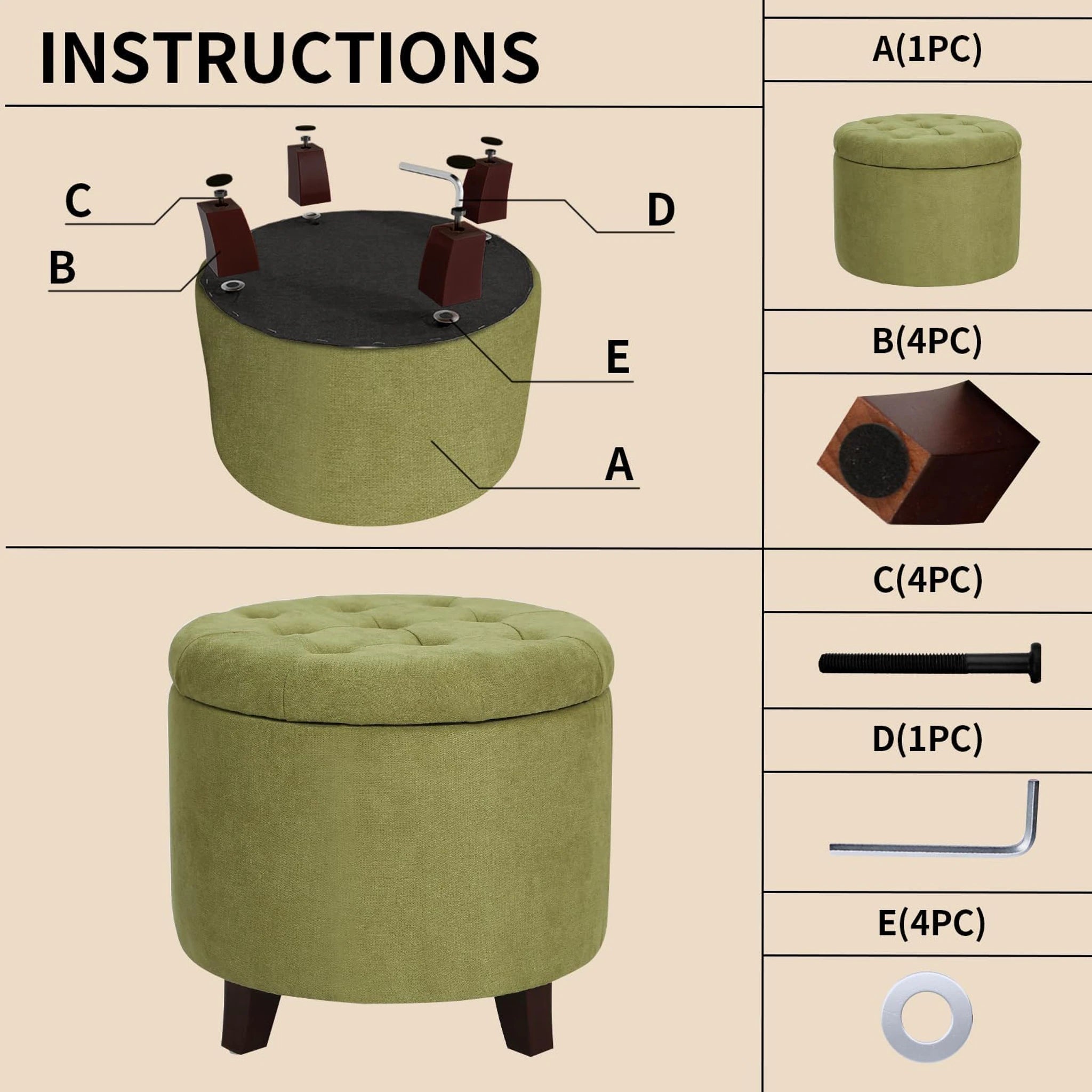 Adeco Kiwi Tufted Fabric Round Storage Ottoman – dimensions chart