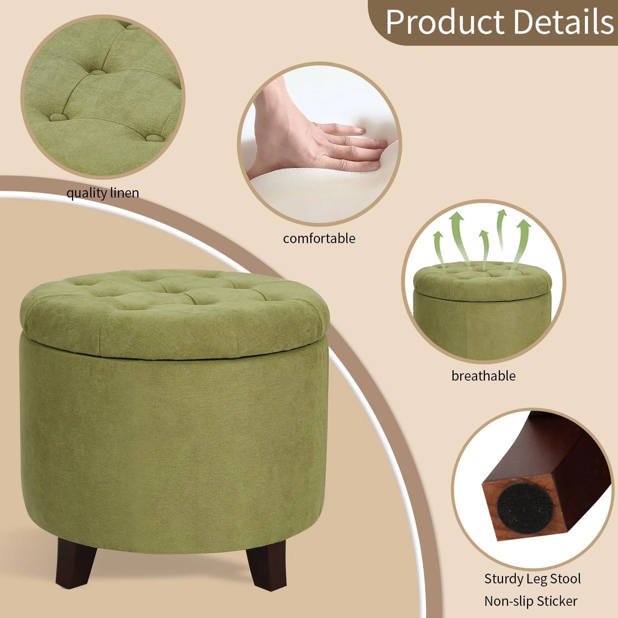 Adeco Kiwi Tufted Fabric Round Storage Ottoman – detail and materials view