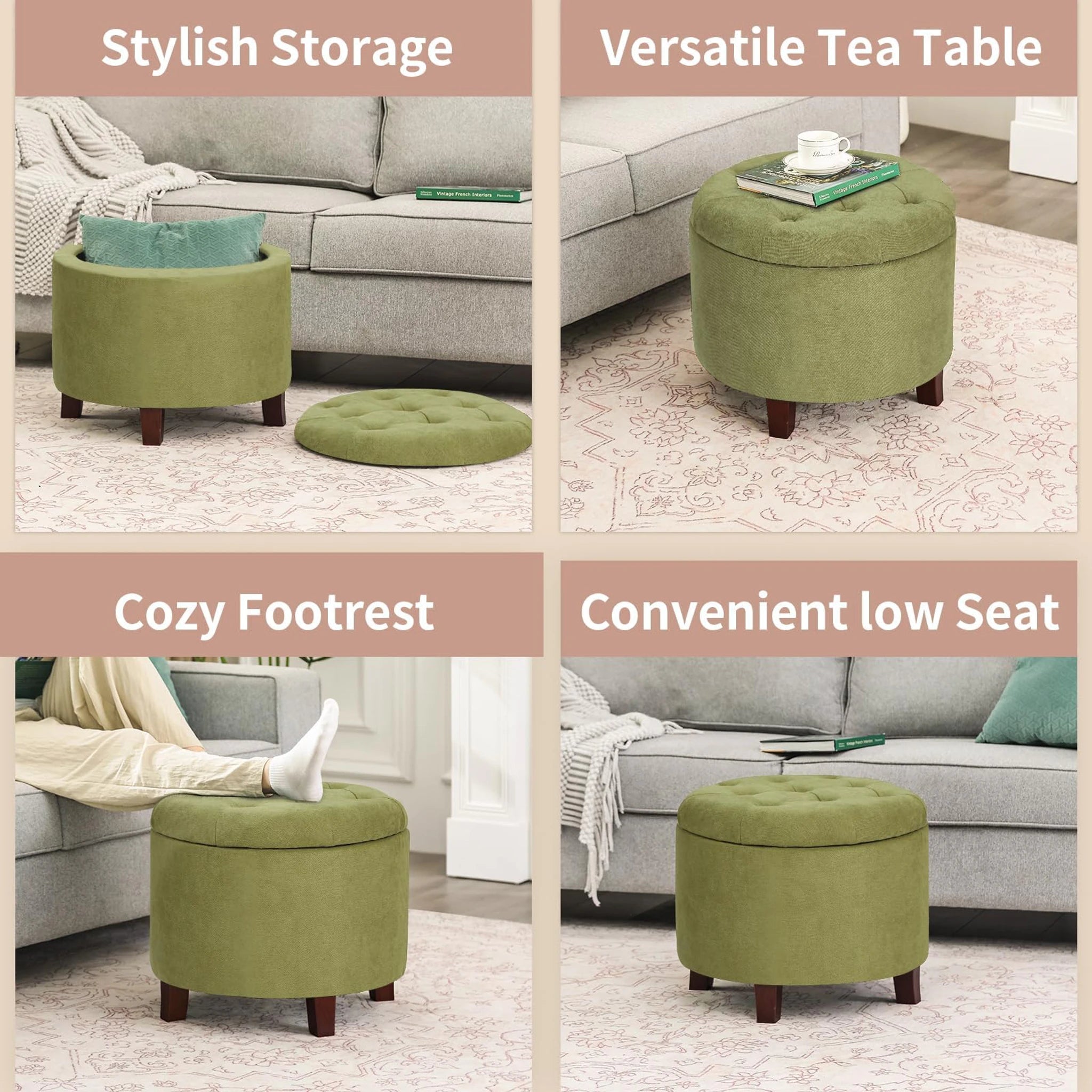 Adeco Kiwi Tufted Fabric Round Storage Ottoman – lifestyle room view