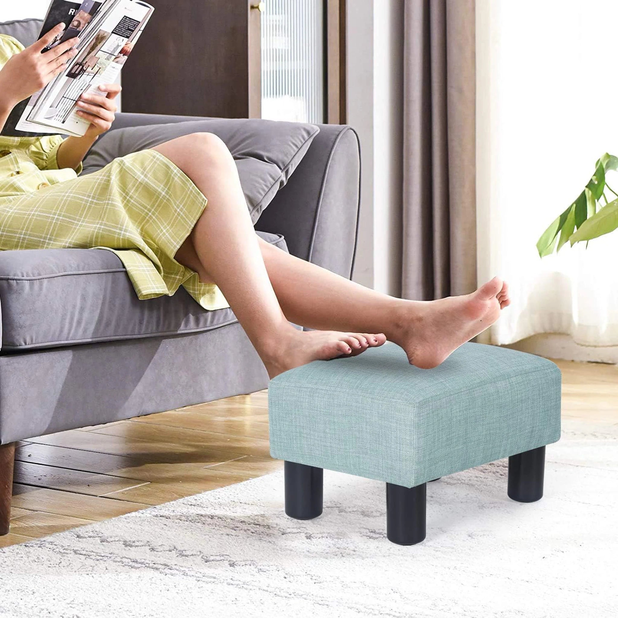 Adeco Light Blue Faux Leather Storage Ottoman – lifestyle room view