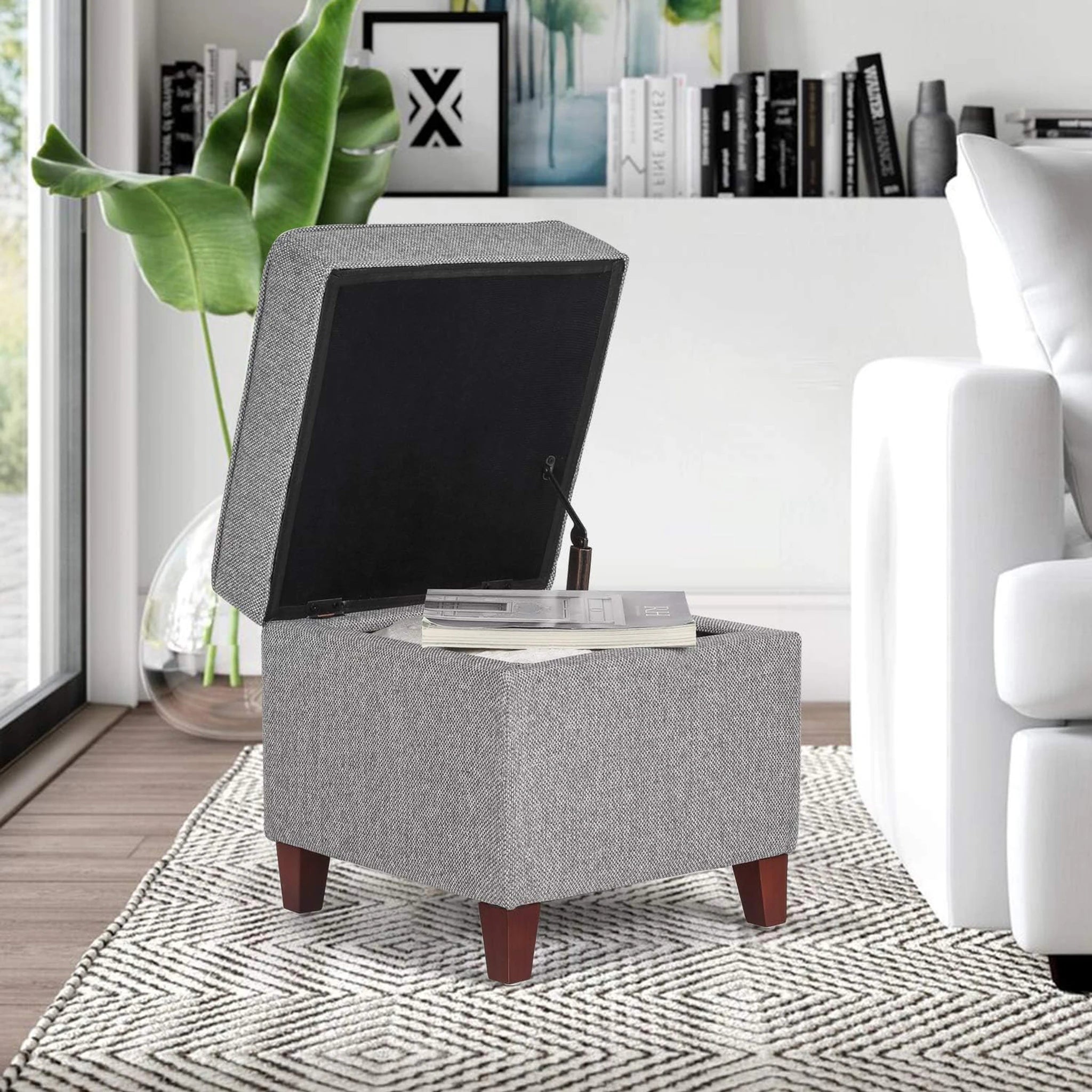 Adeco Light Gray Fabric Square Storage Ottoman – lifestyle room view