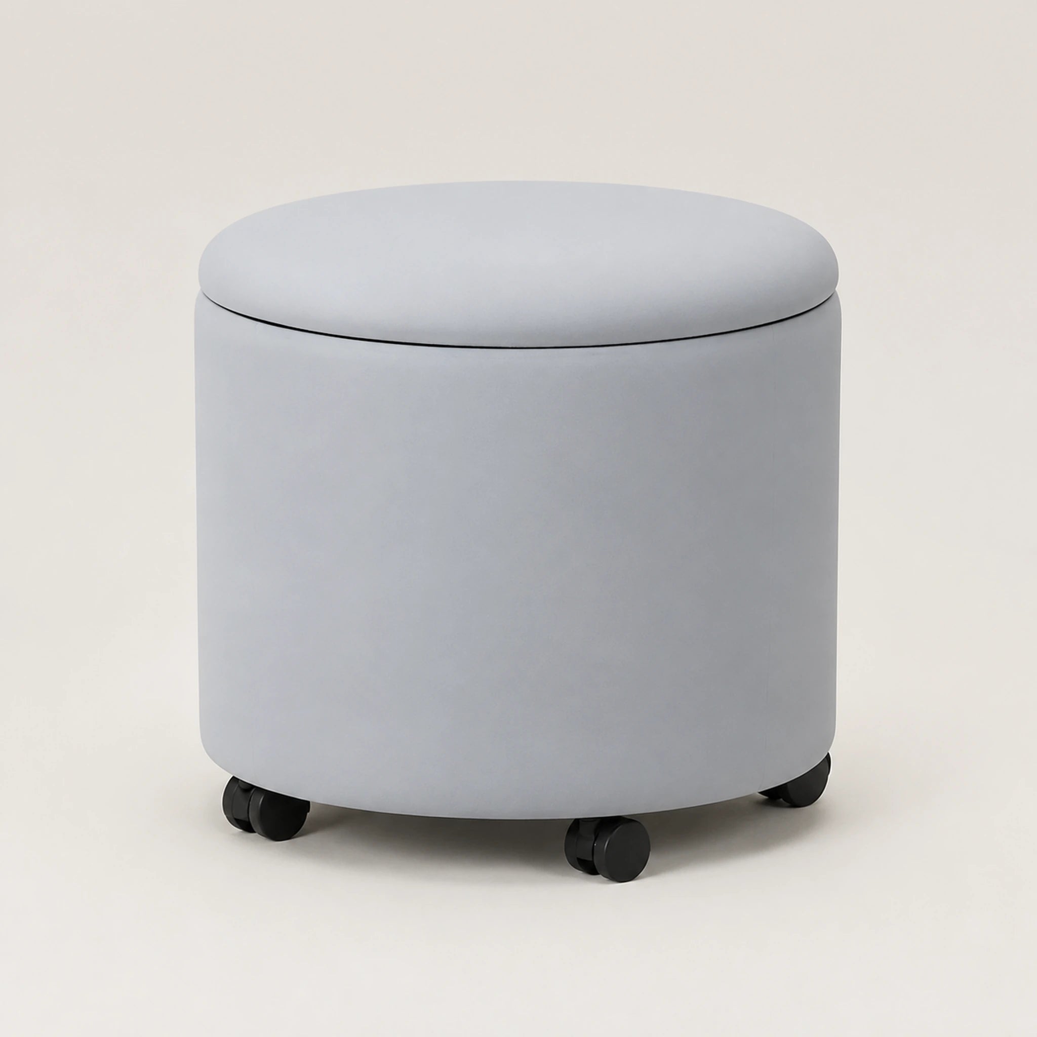 Beringia Light Gray With Wheels linen 18-inch storage ottoman – warm studio front view