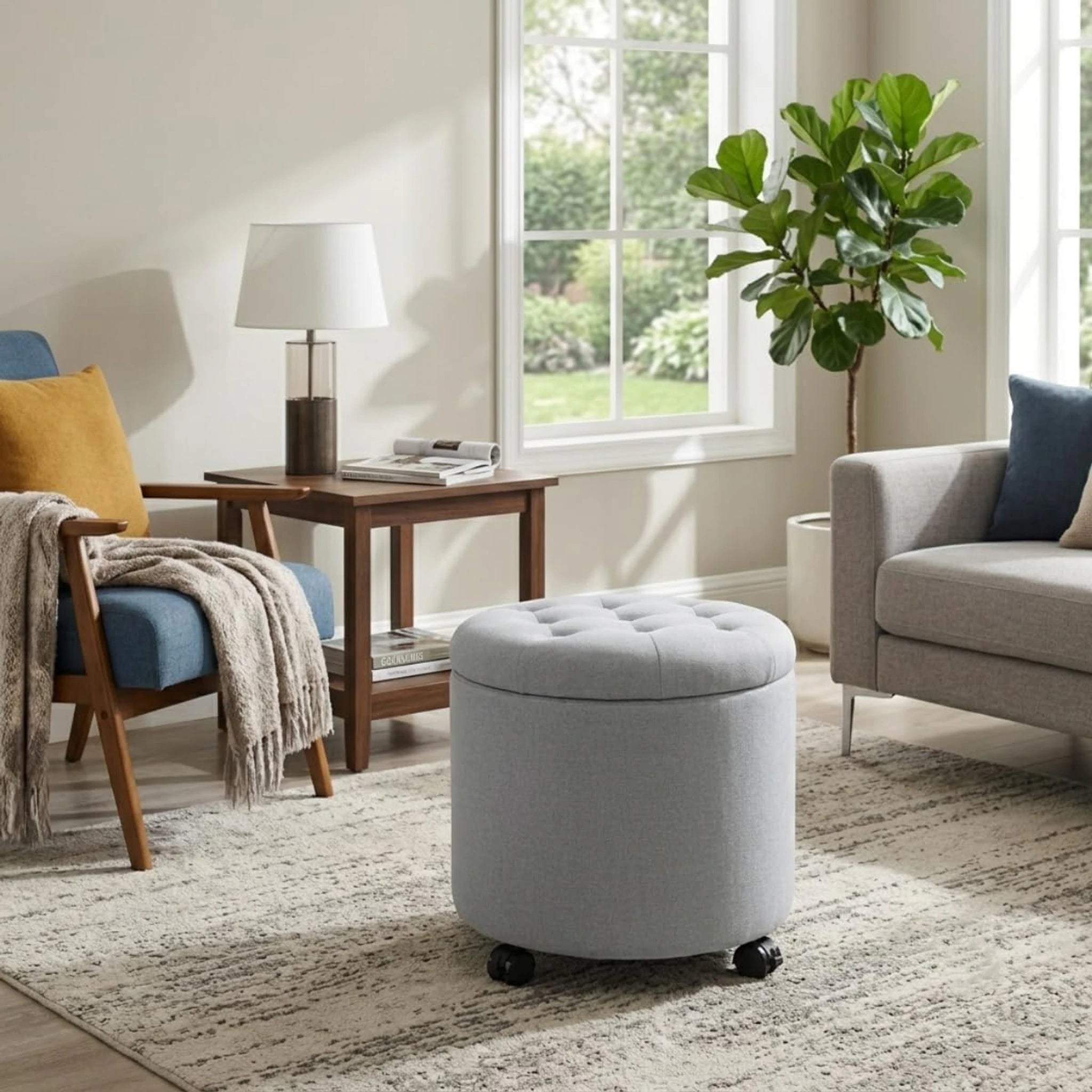 Adeco Light Gray With Wheels Linen Round Storage Ottoman with Wheels – styled home scene