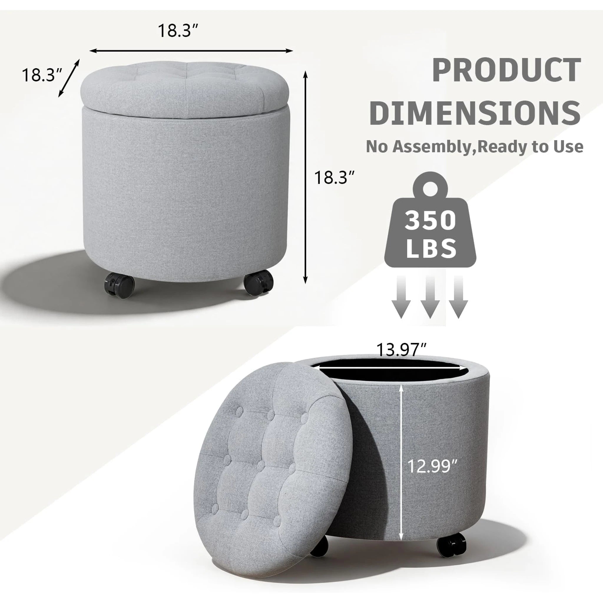 Adeco Light Gray With Wheels Linen Round Storage Ottoman with Wheels – dimensions chart