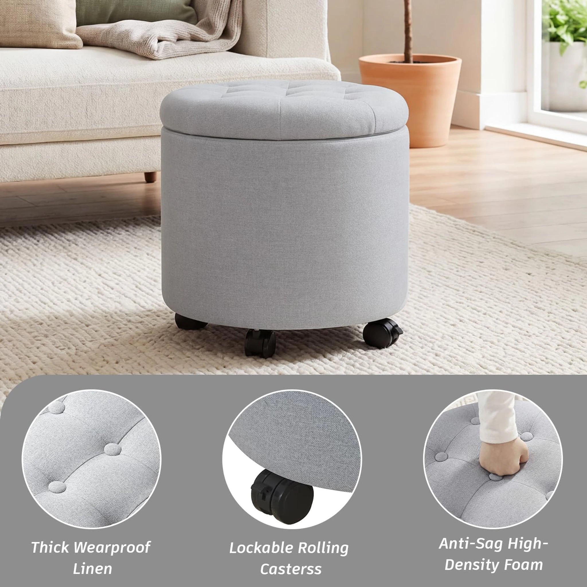Adeco Light Gray With Wheels Linen Round Storage Ottoman with Wheels – detail and materials view