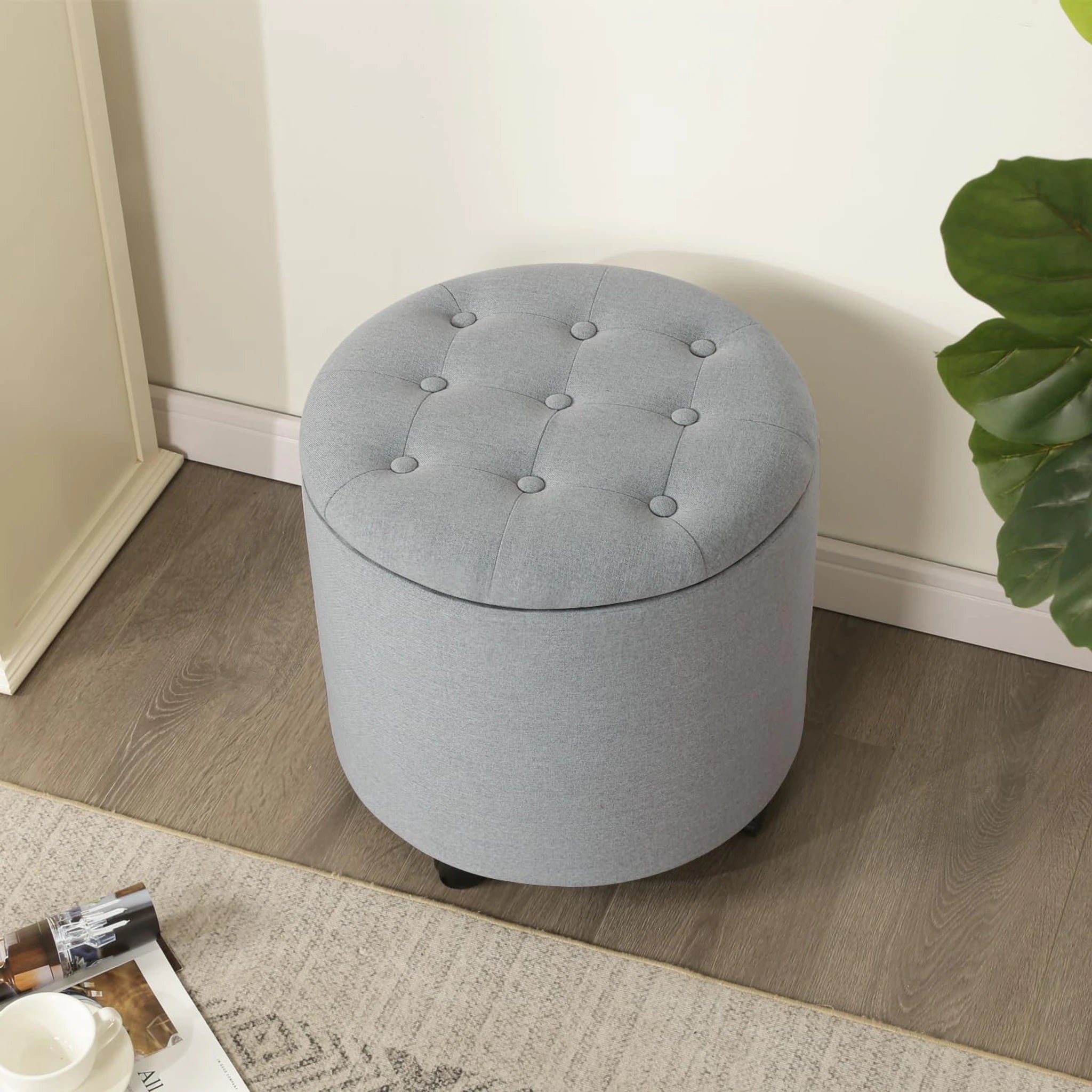 Adeco Light Gray With Wheels Linen Round Storage Ottoman with Wheels – lifestyle room view