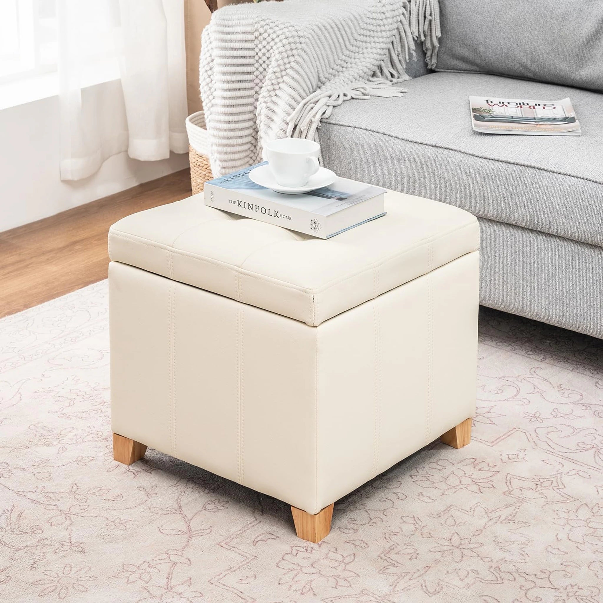 Adeco Light Yellow Ivory Tufted Faux Leather Square Storage Ottoman – styled home scene