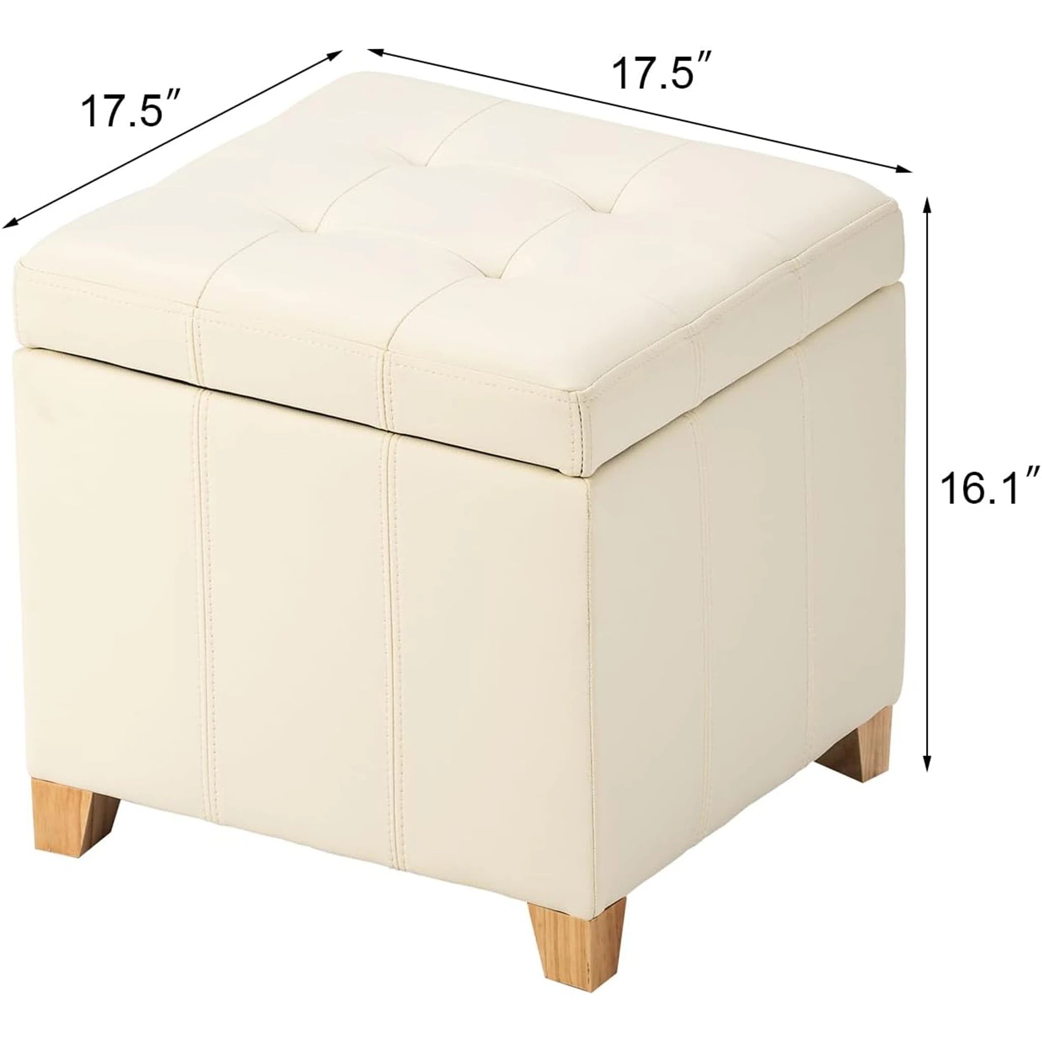 Adeco Light Yellow Ivory Tufted Faux Leather Square Storage Ottoman – dimensions chart